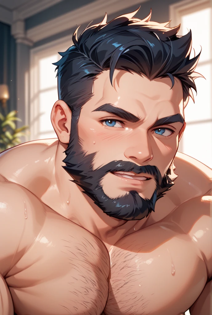 lying face up, fruit background (Best Quality, 4k, 8k, high resolution, Masterpiece: 1.2), ultra detailed, Male portrait, foreground medio, very detailed face, detailed facial features, musculature, spectacular lighting, foreground, above, anatomically correct, super detail, full blue beard and short blue hair, SMILE, winking, hairy chest pecs
