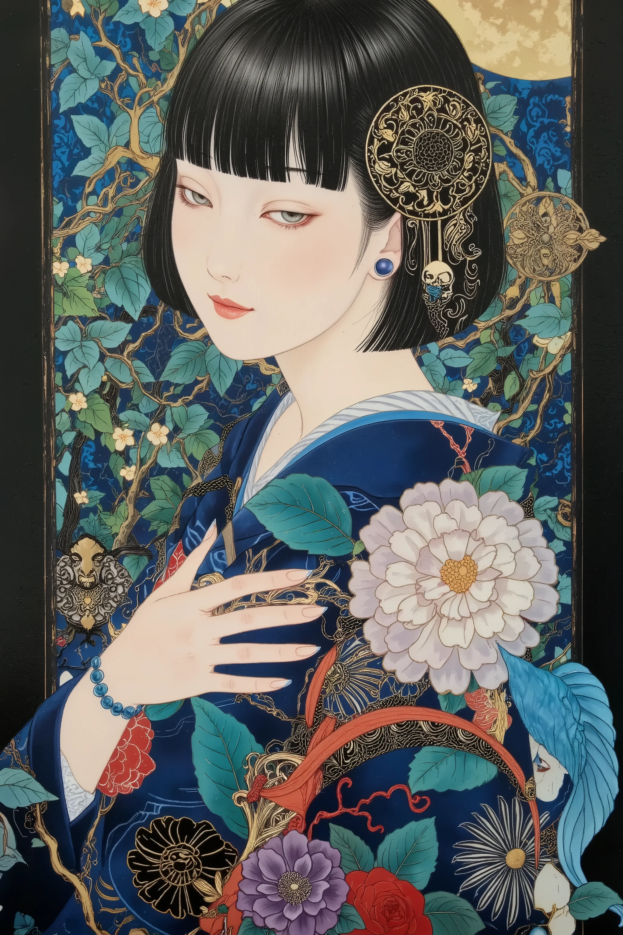 (beautiful goddess),1 girl,fashion portrait,vixen girl,black hair,long straight hair,Bob,hime cut hairstyle,side view ,back shot,nape of the neck,back of the neck,sway,beautiful face,wearing Vibrant floral pattern kimono,hair ornament,beautiful neck,plump lips,tempting smile,porcelain skin,pale skin,slender face,feminine,black long hair,messy hair,covering chest by hand,beautiful hand,gentle smile,colorfull,vivid color,sharp line,looking away,at night,realistic Gold foil background, moon,moody,(melancholic),epic,gorgeous,moody lighting,dramatic chiaroscuro lighting,light and shadow effect,mysterious mood, Nihonga,Japanese painting style, Itō Jakuchū style,Gustav Klimt Style,by gustavklimt, style of ichiro tsuruta