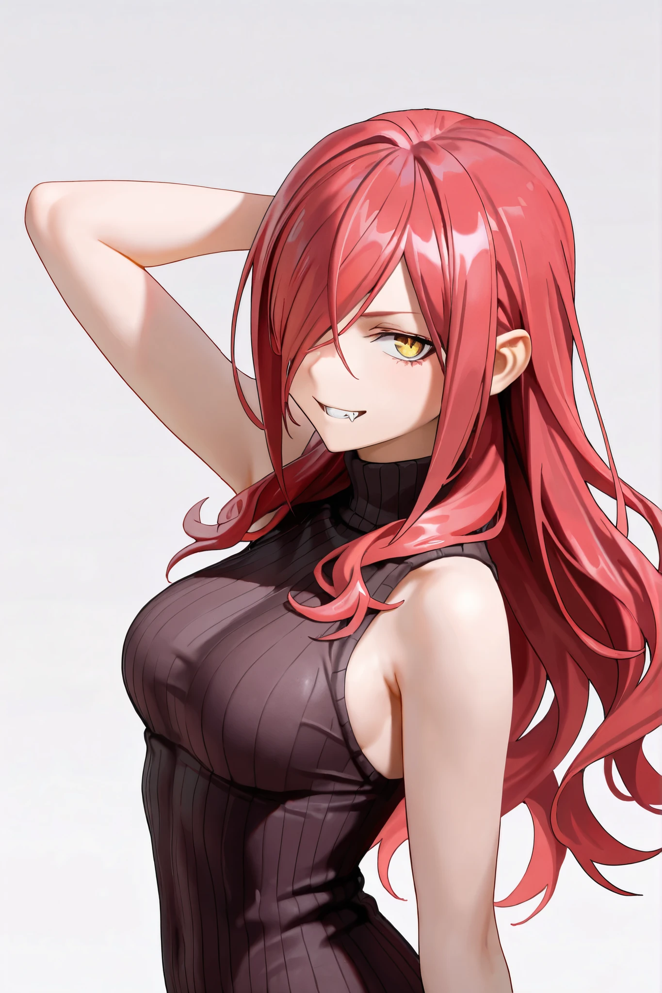 Extremely delicate and beautiful, Amazing, finedetail, Masterpiece, Ultra-detailed, High quality, 1female, red tinted hair,front-facing view,(closing her eyes),Gentle woman,black toga,Hands on your chest,Half-body diagram