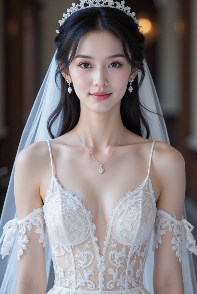 Top-quality Realistic, Official art, Highly detailed CG Unity 8k wallpaper,(masterpiece:1.3), (8k, photorealistic, RAW photo, best quality: 1.4), (1 girl), pretty face, (realistic face), (black hair, medium hair:1.3), beautiful hairstyle, realistic eyes, detailed fine eyes, (realistic skin), beautiful skin, (breasted top), absurd, attractive, super detailed resolution, surreal golden ratio, very detailed, upper body, Japanese Idol,(Floral lace Wedding dress:1.3),BREAK,(Heart shaped necklace),(Triangle ornament earrings),BREAK, (gentle smile like a goddess),(in church surrounded by a majestic baroque atmosphere:1.2),standing position, Hold a large bouquet in front of your chest, Wide View, (close-up)