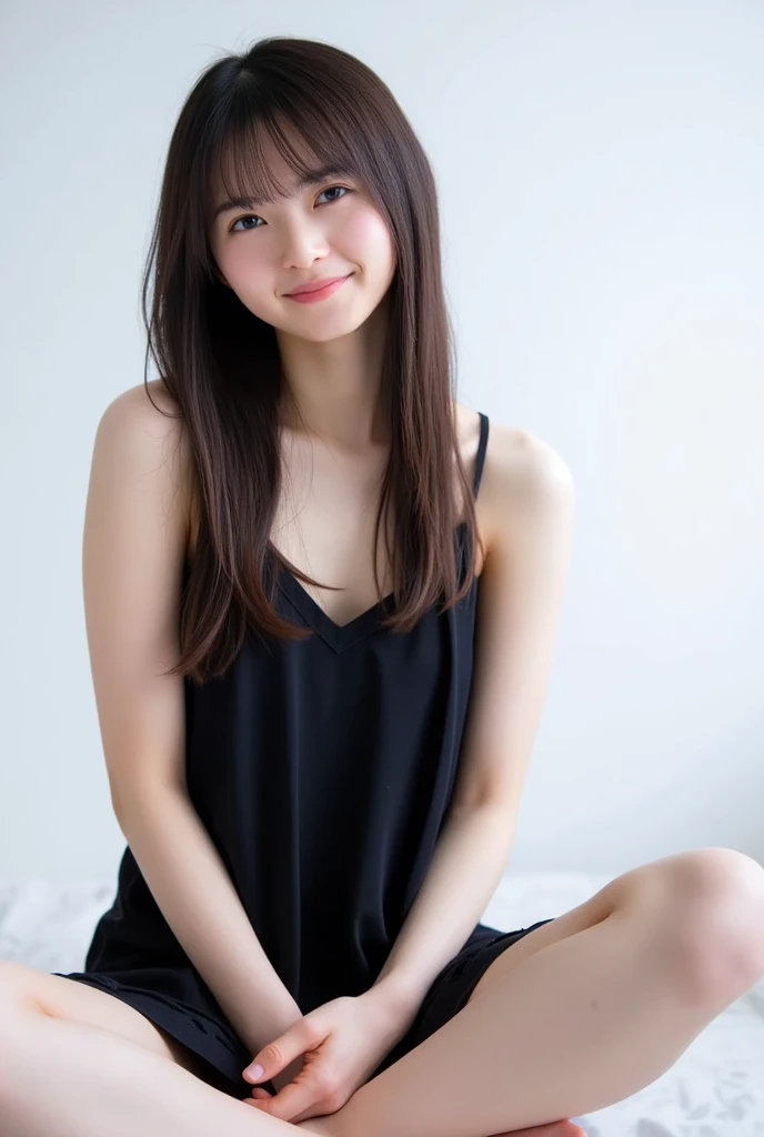 Japanese female, a lot of details, (underweight), 30 years old, detailed black hair, beautiful detailed hair, super fucking beautiful, delicate beautiful face, complex details beautiful and delicate eyes, perfect hands, (flat chest best quality:1.5), perfect and delicate limbs, detailed skin, best quality, ultra-detailed,(cheerful grin:1.5),
draft, feet out of frame, from below, sitting, flowing hair, sleeveless dress, brown Clothes, floating palace,