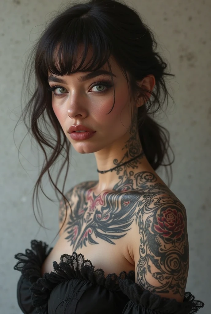 ((best quality)), ((masterpiece)), ((realistic)), (detailed), (1 girl) woman, arm tattoo, portrait, asymmetrical bangs, short hair, bangs, freckles, green eyes, looking at viewer, neck tattoo, nose piercing, blonde hair, solo, upper body, detailed background, town, alley, dark alley, portrait, night, angry, close up, closed mouth, ((masterpiece)), wet skin, dynamic view, fair skin