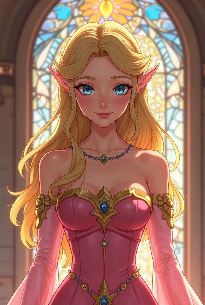 A Mature Woman with long hair in blue and white clothing holding a modeling pose, warrior, Zelda, full body Portrait of Zelda, Zelda legend, Photos cosplay, Ornate Cosplay, Professional Cosplay, Cosplay, Full Cosplay, Artgerm Moody Photography, Princess Zelda, Zelda as Triforce, Hyrule, Anime Garota Cosplay, ray-traced, 3d-render, extremely detailed, high quality, realistic light and shadow, hair loiros, eye reflection, slight smile, (Ultra Quality,Unparalleled Masterpiece:1.4)Overwhelmingly Pixel-Perfect,Ultra-Detailed CG 4K,(Ultra-Detailed Clear Absurdly-Vivid Jade Big Eyes:1.2),Gorgeous Round Detailed Face(Voluptuous:1.4)Elf(small Breasts:1.8)(Voluminous Long Blonde Hair: 1.4),ADULT(Bangs, Sidelocks:1.2)Seductive(intricately detailed white dress:1.3)(Zelda)(Celestine Lucullus: 1.2)(Solo:1.4)(1Girl: 0.5)(Facing Viewer:1.2)(arms behind back:1.2)(Cowboy Shot:1.2)(from above:1.1),Skindentation(Curvaceous:1.4)(Curvy:1.4)(Bimbo: 1.4)(Normal Waist: 1.2)(Thick Lips: 1.3)small-nose(light smile: 1.2)Rocks,Trees, Plants,Bush,Color Graded, dress as sailor venus