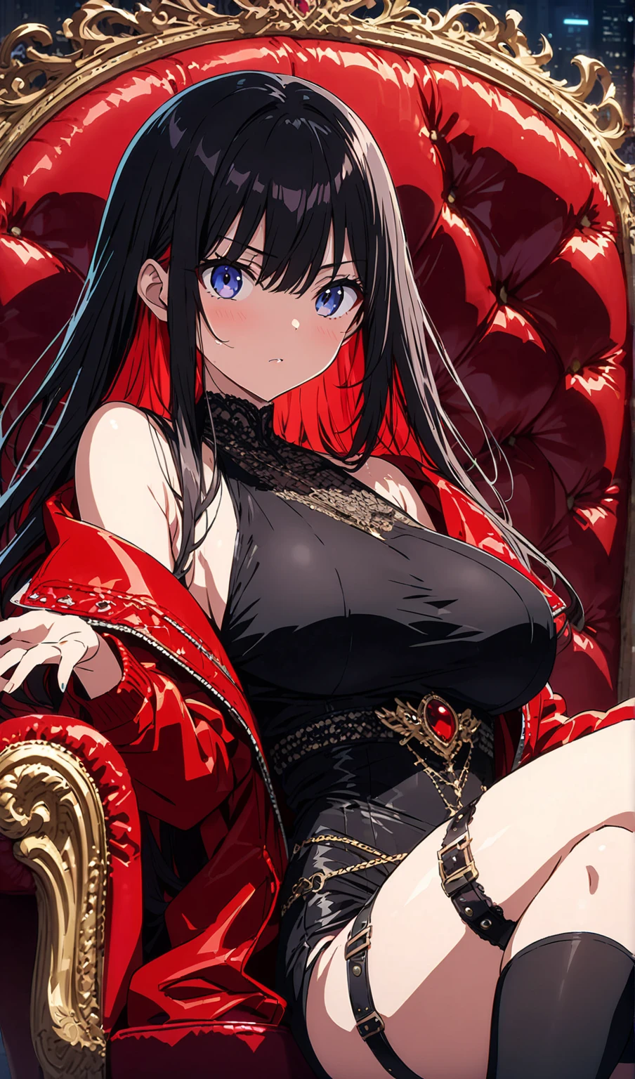 a woman in a dress with a crown and a sword posing in a black and red dress, 1girl, solo, black hair, red eyes, breasts, hat, long hair, looking at viewer, large breasts, long sleeves, bangs, jewelry, earrings, closed mouth