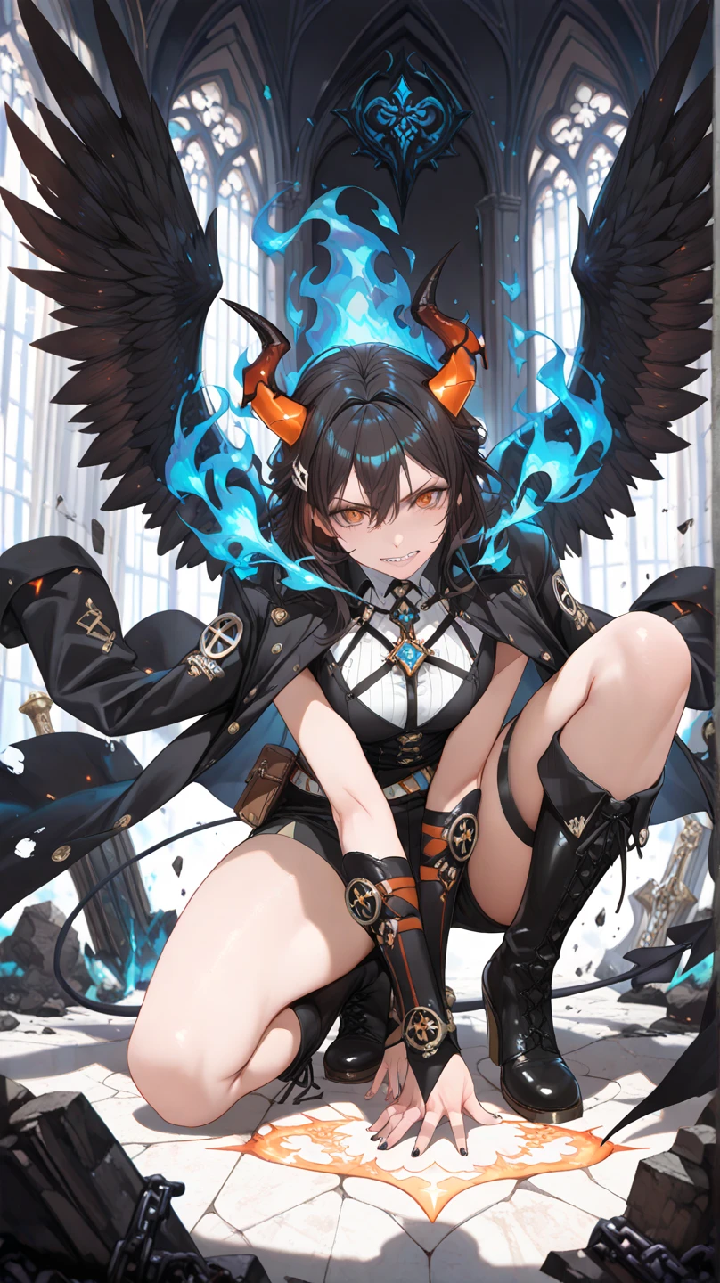 Little monster girl, horns, tail, dragon wings, yellow eyes, cute, medium, natural laugh
