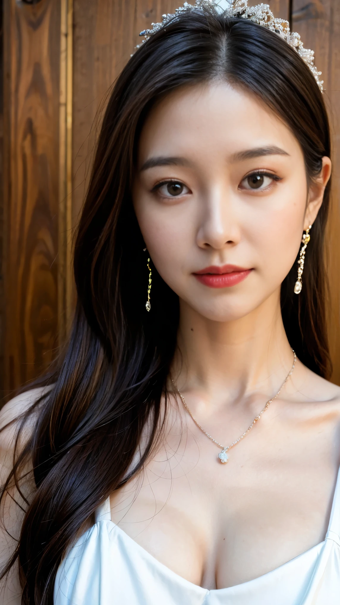 最High Quality, masterpiece, high resolution, 1 girl, clear silk porcelain dress, beautiful face, hair accessory, watches the audience, smile, Close Your Mouth, lips, dress, hair accessory, necklace, jewelry, long hair, earrings, beautiful face, on top of her body, Tidal effects, realism, dark studio, Edge Lighting, TWO TONE LIGHTING, ( High Detail Skin : 1.2), 8K Ultra HD, dslr, Soft light, High Quality, volume lighting, pictures, high resolution 4K, 8k, blurry background