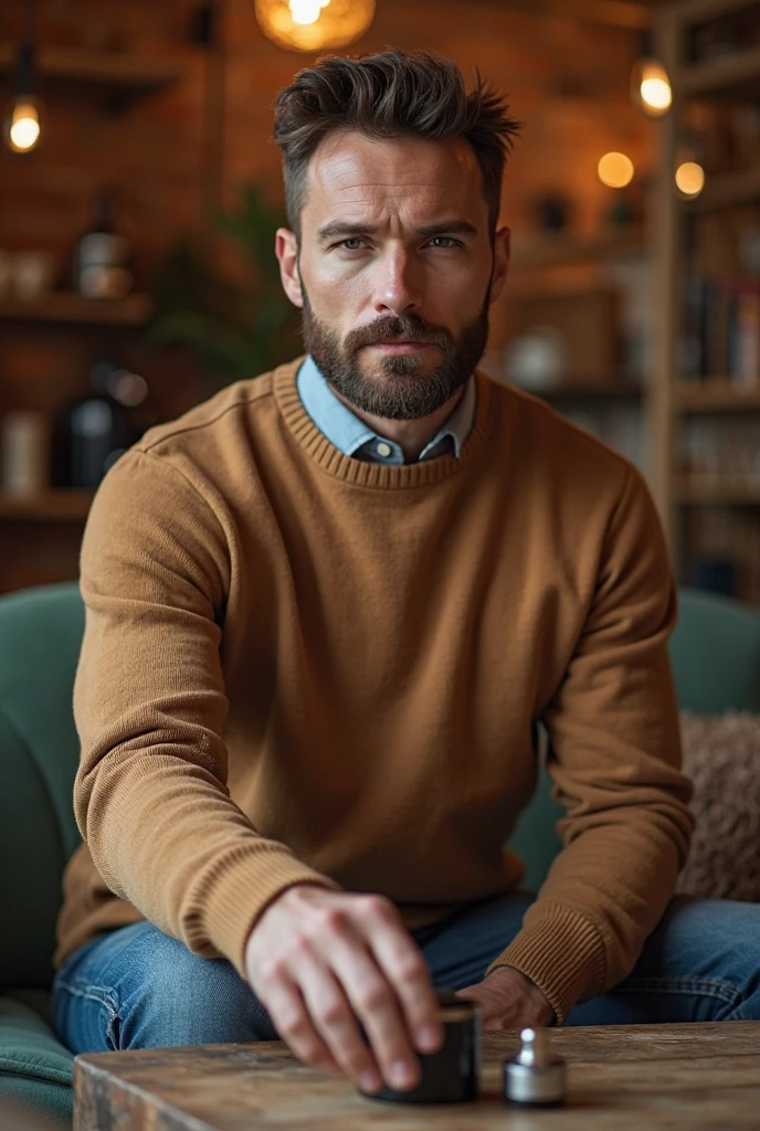 bald man scruffy short beard colbey: sitting in the living room, year 1862, he looks sad