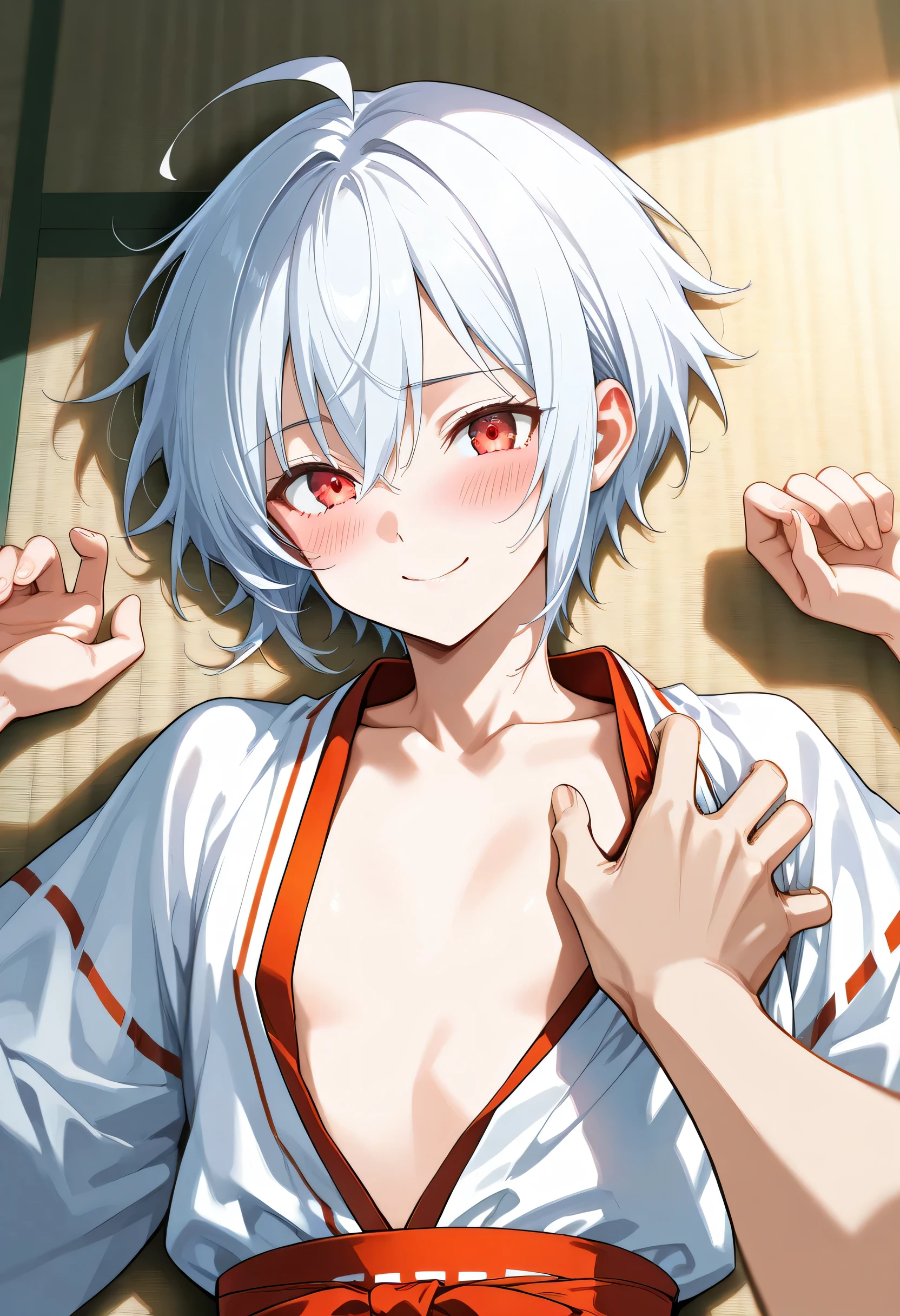 score_9, score_8_up, score_7_up, source_anime, masterpiece, solo, ((femboy)), ((feminine male)), ((Ahoge)), ((White very-short hair)), red eyes,((((miko)))), Slightly Open clothes, Ecstatic smile, blush, ((closed mouth)), BREAK ((POV single hand, POV single hand open boy's clothes, push boy down to the tatami)), ((lying on tatami)), slim body, upper body, looking at viewers,