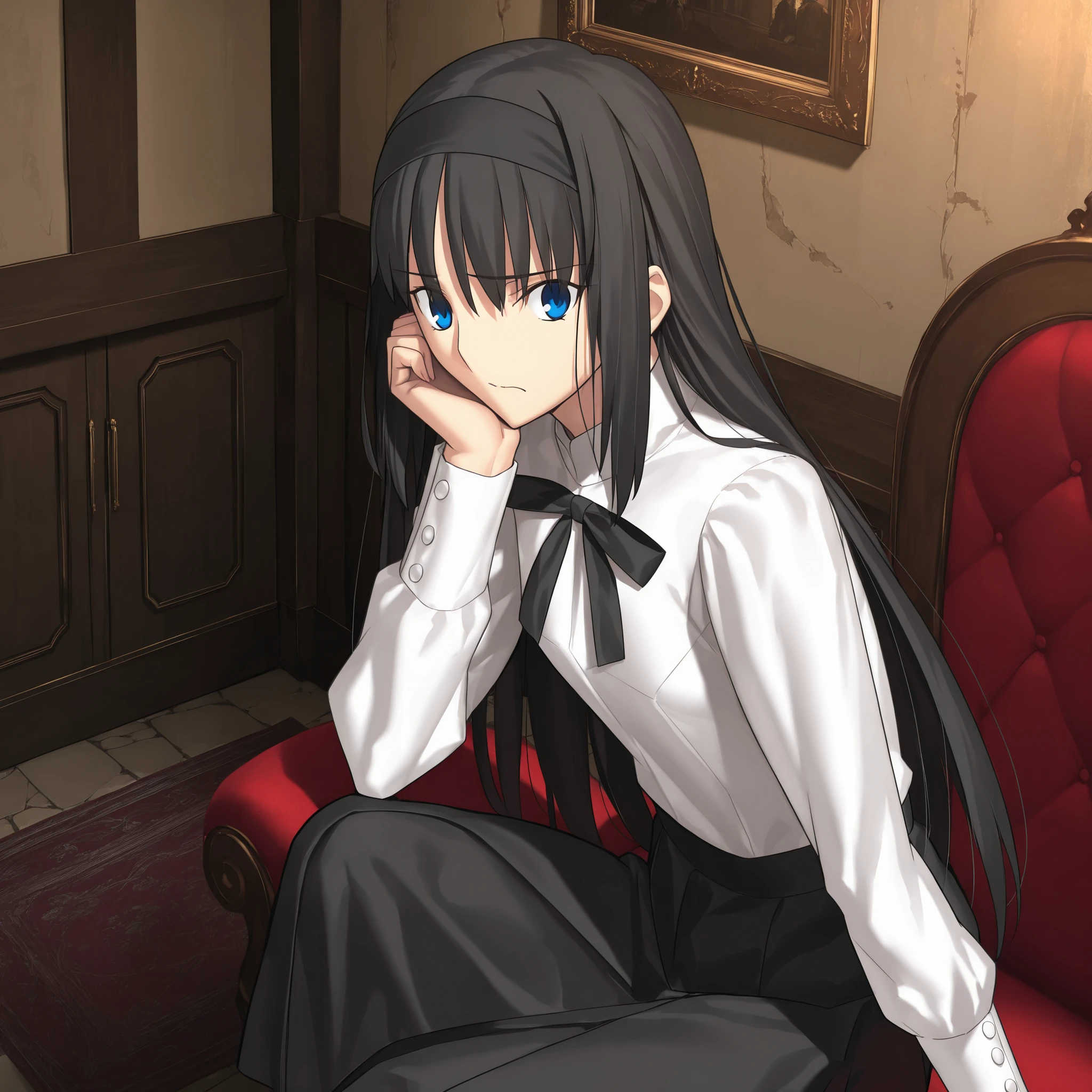 masterpiece, , absurdres, highres, detailed background, high resolution, masterpiece, necessary, detail, best quality, quality, necessary, details, High details, Precise, indoors, medieval interior, gothic, from side, from above, close up,
1girl, , Takeuchi Takashi (type-moon,tsukihime) style, takeuchi takashi style, (aged up:1.5), sitting, cheek rest, worried,
tall girl, mature, Akiha_Tohno, (tsukihime), black hair, bangs, long hair, blue eyes, wide eyed, ,black headband, straight hair, tsurime, ,,
(white shirt, black long skirt), black ribbon, (small breasts, flat chest), , looking at viewer, ,