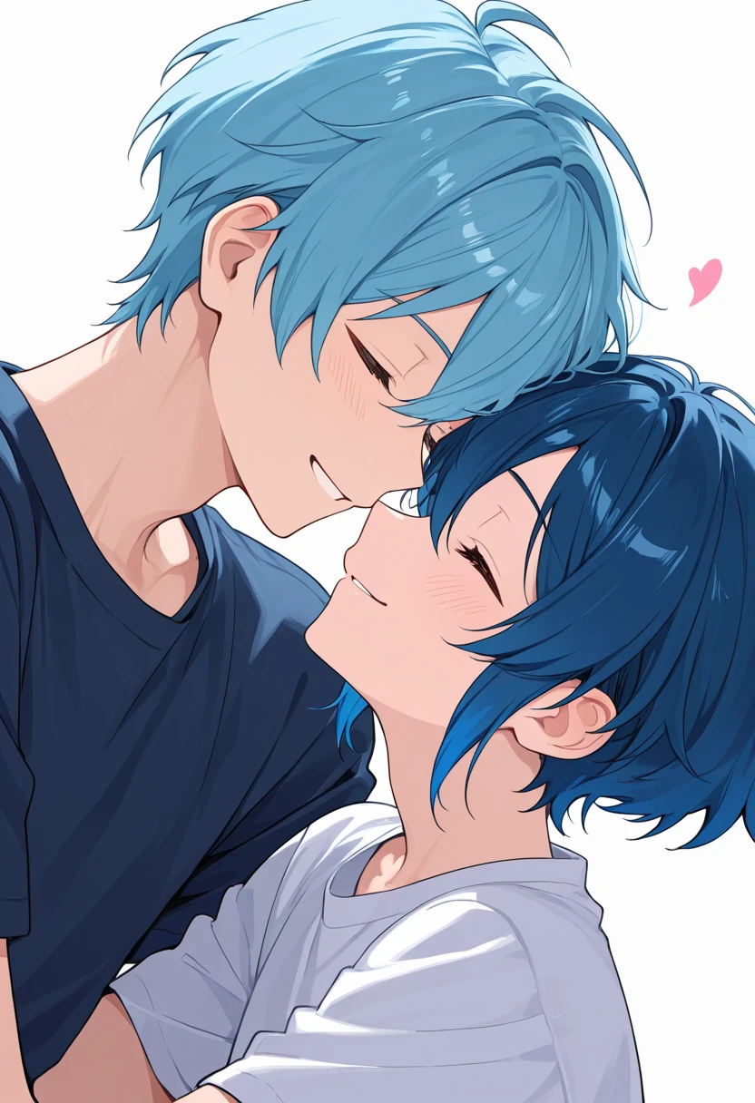 There are two cute -yeld bowith gray hair and the other one with purple hair is forcibly kissing him.