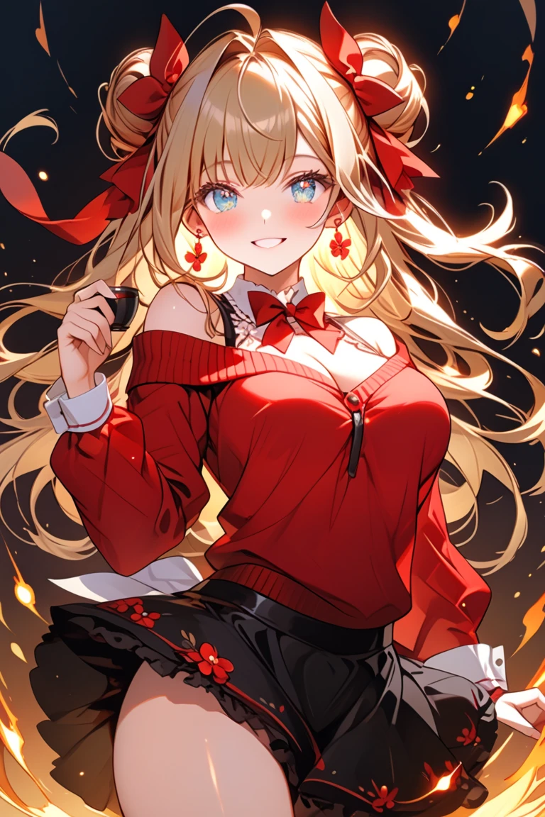 Amazing volume of blonde hair、Long drill hair、Big Breasts、Red evening dresini skirt、Dark black pantyhose、Red High Heels、Holding a fan 、smile, hyper cute girl,starry night sky,breasts clothes,silhouette,White blouse with ruffles,red ribbon,