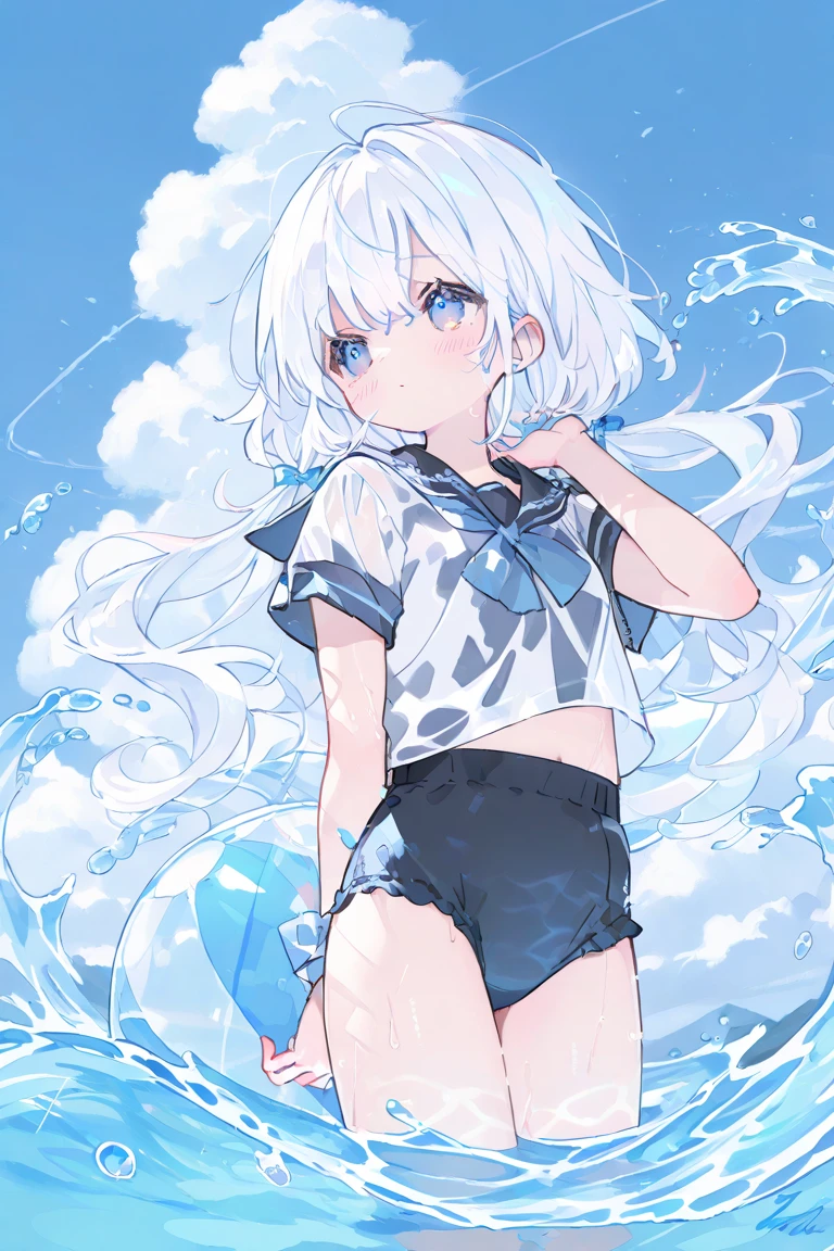 girl, visible, Awkward, Smile, Bandages wrapped around the legs, Fantasy landscape, white hair, blue eyes, Fluid between thighs、flowing liquid、exposed、disheveled、Clothing that fits snugly,Chest contour、(((Wet clothing))),tube top,(((ultra-thin clothing))),(Body model),((body outline)),grinning, blush,Hyperactive expression,(crotch display),vulva contour,saliva,Chest display,