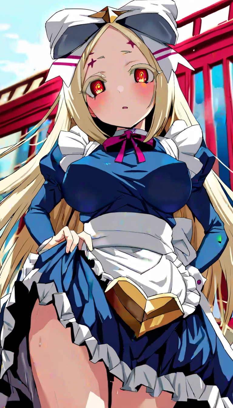 nero alice,skyblue long maid dress, long sleeves, star (symbol), puffy sleeves, hair bow, white maid apron, white bow, ribbon, juliet sleeves, frills,blush,half-closed eyes,from below,torogao face,yandere,lift up the dress,white painties, sweating,steam,thigh, panties focus,((from below)),hands holding dress