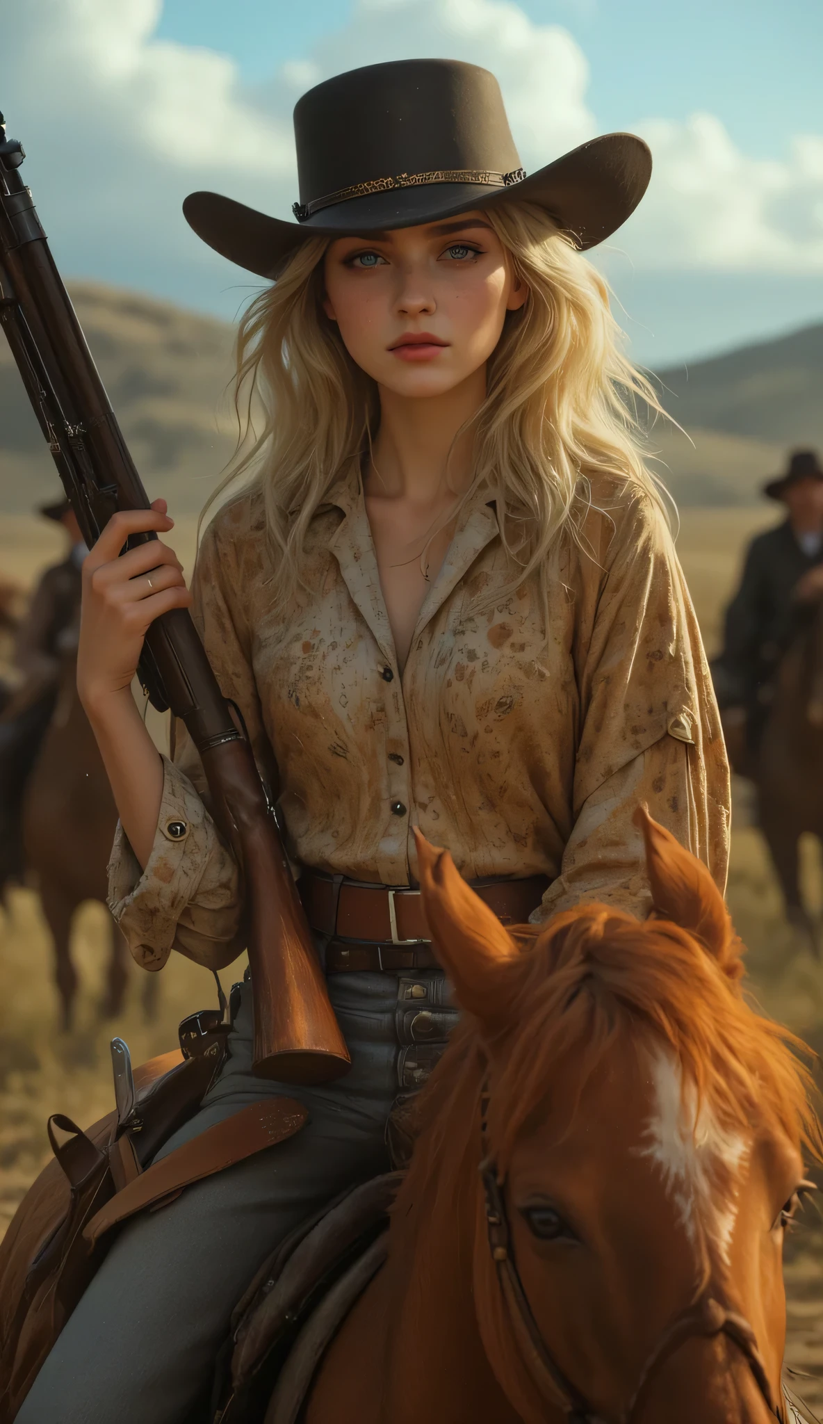 one female, ((Highest quality)), ((masterpiece)), (detailed), ((very detailed face)), High resolution photograph, ((full body portrait)), slim face, pretty woman, (platinum blonde long hair), blue eyes, detail eyes, double eyelids, (Beautiful Delicate Eyes and Lips), Good light, (A female Gunfighter in her 30s wearing a cowboy hat and cowboy boots,She wears a gun belt with a Colt Single Action Army revolver on her hip), A scene reminiscent of a movie from the Wild West in the American wilderness, She is wearing a Western-style red-brown Mexican poncho, (She is riding a horse through the wilderness kicking up dust), (realistic chestnut horse:1.3), (her long hair is blowing in the wind), (((Take a photo so that the horse's face is visible))), (She is holding a Winchester carbine rifle in her right hand), she is holding the Winchester carbine rifle up with the muzzle facing up, A cinematic wild west scene,