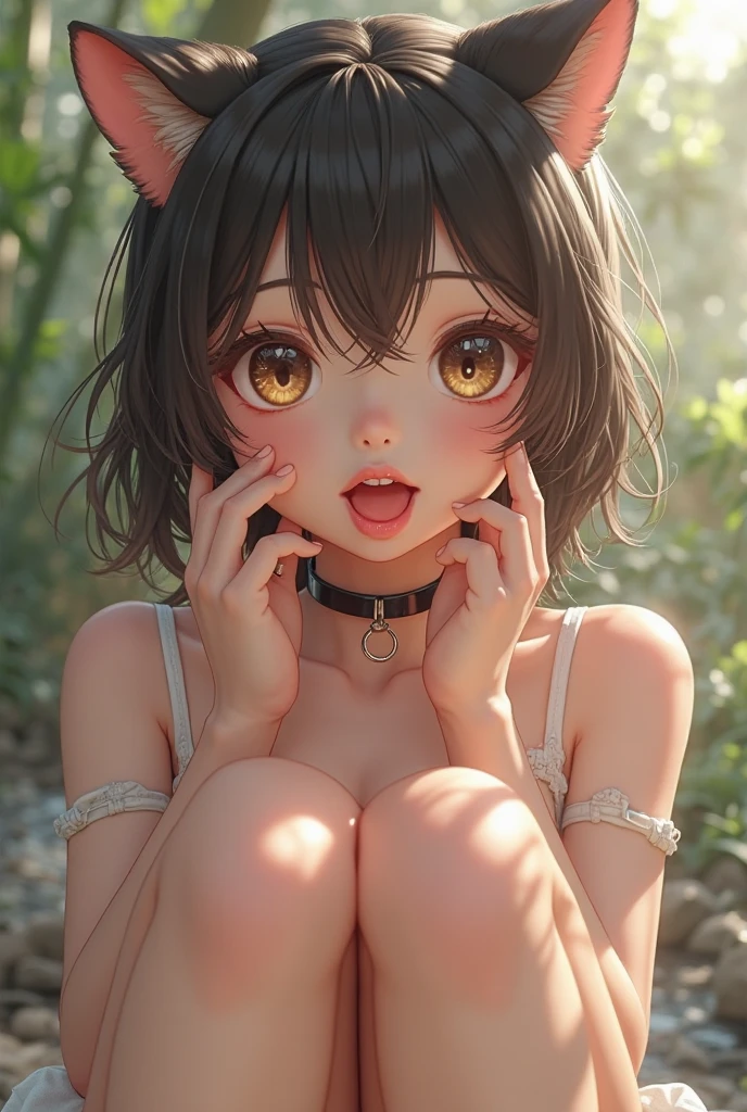 you are a cat in heat。 cats walk on all fours。Squeeze between both breasts(stick-shaped milk candy)、Turn up your cotton clothes from below until you can see your breasts.。put your palm on your chin、put your elbows on the ground。 The face is more on the ground。(Best Quality, hight resolution, masutepiece:1.2), Ultra-detailed, Realistic:1.37, left gold hair、 Inwardly curled short bob hair,Hide one eye with bangs 、Sleepy eyes, Beautiful detailed eyes, Beautiful detailed lips, Smile, Choker, Woman、She has a very large and beautiful bust、frontage、put big boobs on the ground、lie down on your stomach、Spread your legs and lift your butt very, very high.、Forward leaning position、Like a cat;s yawning pose、raise your butt above your shoulders、lower the upper body、Full body show、open your mouth very, very wide。、