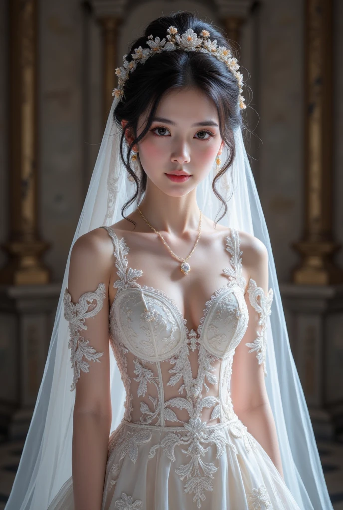wedding dress, (extremely intricate), unbuttoned collar, citizens, hyperdetailed, tone, (high detailed skin:1.2), skin pores, (8k), movement, (1girl with tattoo on the left arm:1.2), ray tracing, weird mysterious ruins, digital, winter,