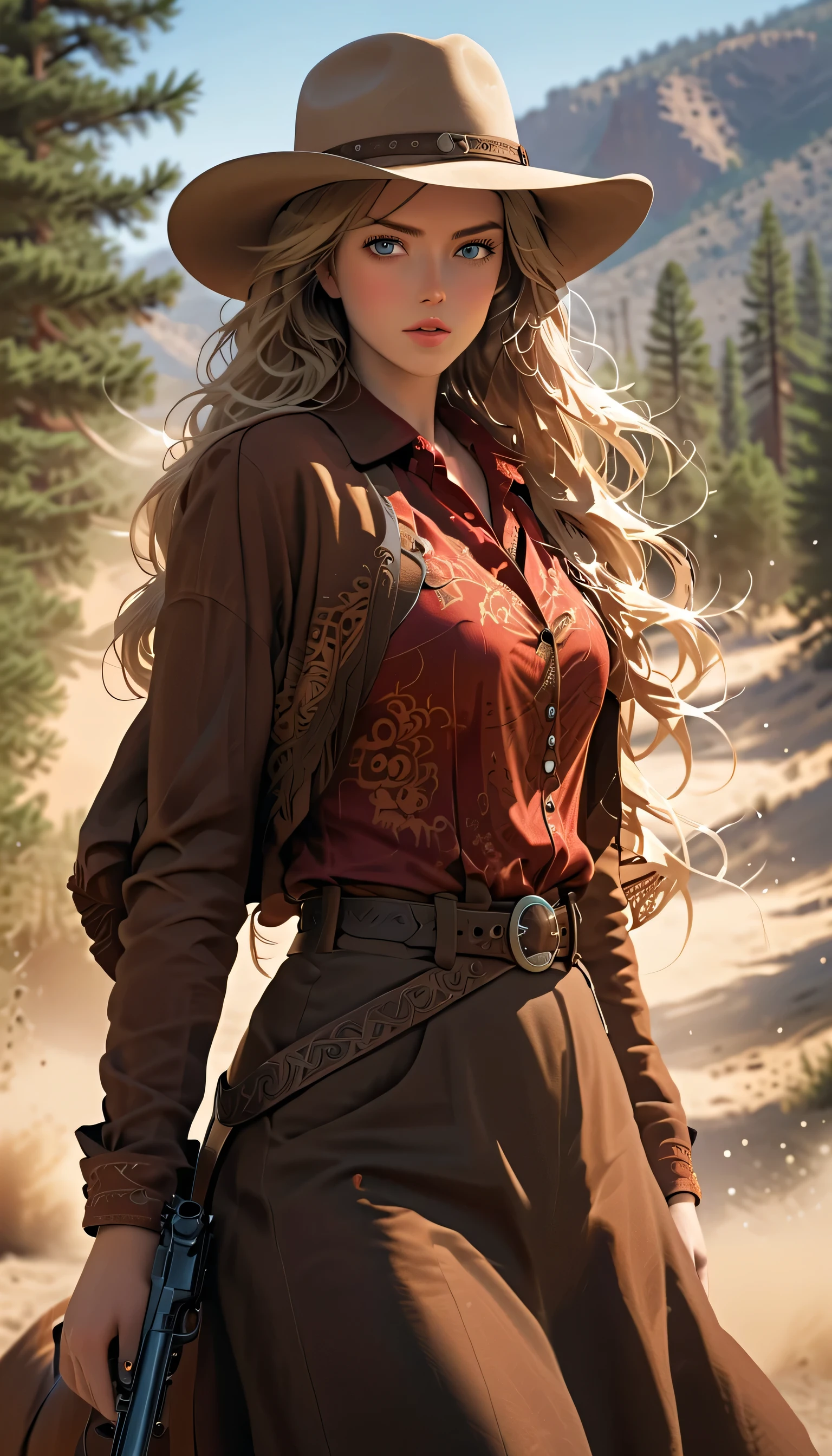 one female, ((Highest quality)), ((masterpiece)), (detailed), ((very detailed face)), High resolution photograph, ((full body portrait)), slim face, pretty woman, (platinum blonde long hair), blue eyes, detail eyes, double eyelids, (Beautiful Delicate Eyes and Lips), Good light, (A female Gunfighter in her 30s wearing a cowboy hat and cowboy boots,She wears a gun belt with a Colt Single Action Army revolver on her hip), A scene reminiscent of a movie from the Wild West in the American wilderness, She is wearing a Western-style dark brown Mexican poncho, (She is riding a horse through the wilderness kicking up dust), (realistic chestnut horse:1.3), (her long hair is blowing in the wind), (((Take a photo so that the horse's face is visible))), (She is holding a Winchester carbine rifle in her right hand), she is holding the Winchester carbine rifle up with the muzzle facing up, A cinematic wild west scene,