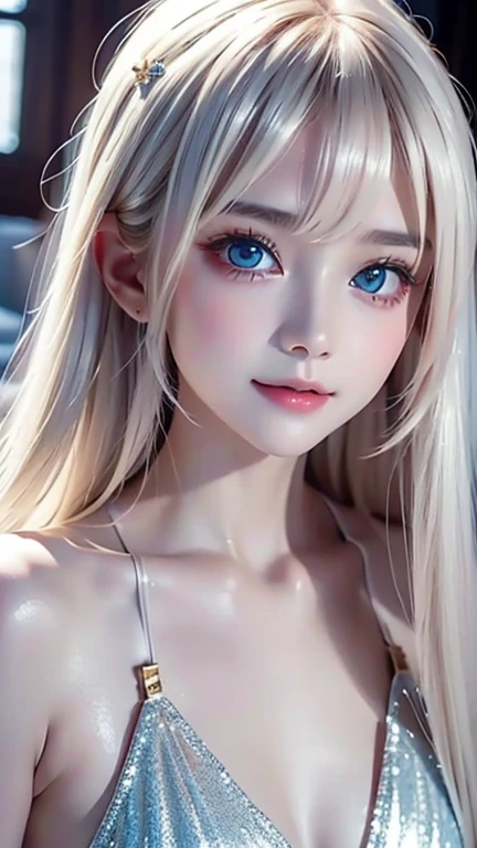The pieces fly, Highest quality, figure, Very detailed, The finer details, High resolution, 8K Dende wallpaper, Perfect dynamic composition, Detailed and beautiful eyes, dress, Super long platinum blonde straight silky hair,Bangs that flow between the eyes、 Blonde hair above the chest, Natural color lip, Random sexy poses,A shy smile,Beautiful girl,Cute type、Her big, bright cream ice blue eyes shine beautifully.、Very big eyes、Cheek highlighter、Very white and beautiful skin、Glowing Skin、Small Face Girl、Round face、A beautiful girl