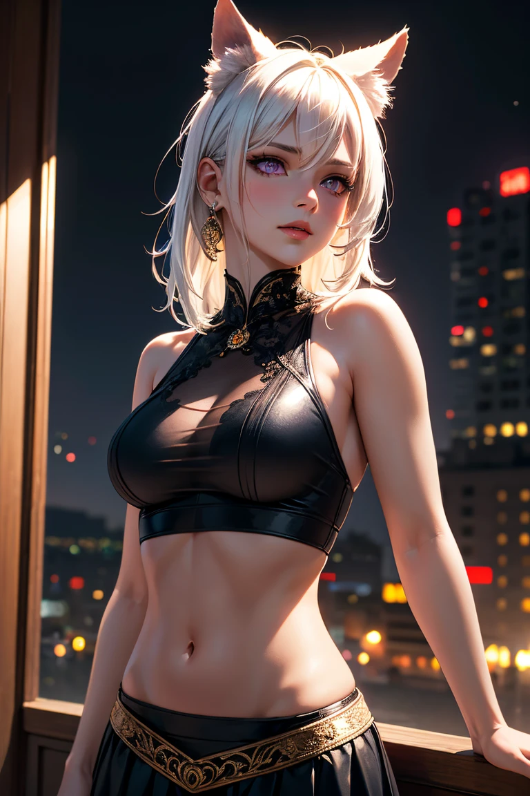 Beautiful slim fit woman, platinum stylish hair, red eyes, smug expression, cool, sexy, jewelry, fair smooth skin, cleavage, medium breasts, sleeveless top, and black pants