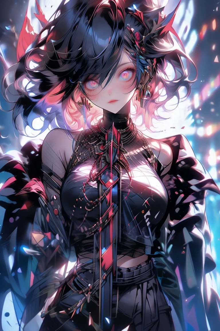 girl, A snake entwined, Black Hair、Iris, Off-the-shoulder kimono, Beautiful Face, Snake Woman、poker face、Black snake pattern、turn around、Black ribbon around the neck、Kimono with snake scale pattern、With the snake、Personal illustrations、short hair, Surrealism, cinematic lighting, UHD, high details, best quality, highres, 8k