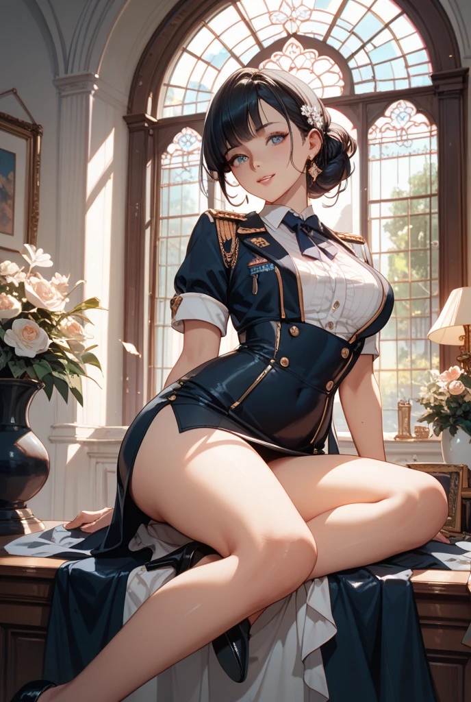 background (Female police uniform and police hat: 1.4), Good hands, 10, high-res, masterpiece, bestquality, head: 1.3, ((Hasselblad photo)), finely detailed skin, Clear focus, (Cinematic lighting), gentle lighting, dynamic angle, [:(detailed face: 1.2):0.2], Looking at the stomach...., enormous breasts, breasts, (((Inside the mansion))),(Nude:1.4), 1girls, jewelry, earrings, orange_sky, bara, moles, long_hair,   moles_under_eye, upon_body, grey_eye, olhando_Stelle_audience, Black Hair, fashion (Head tilt: 1.4), Plain background, red background,