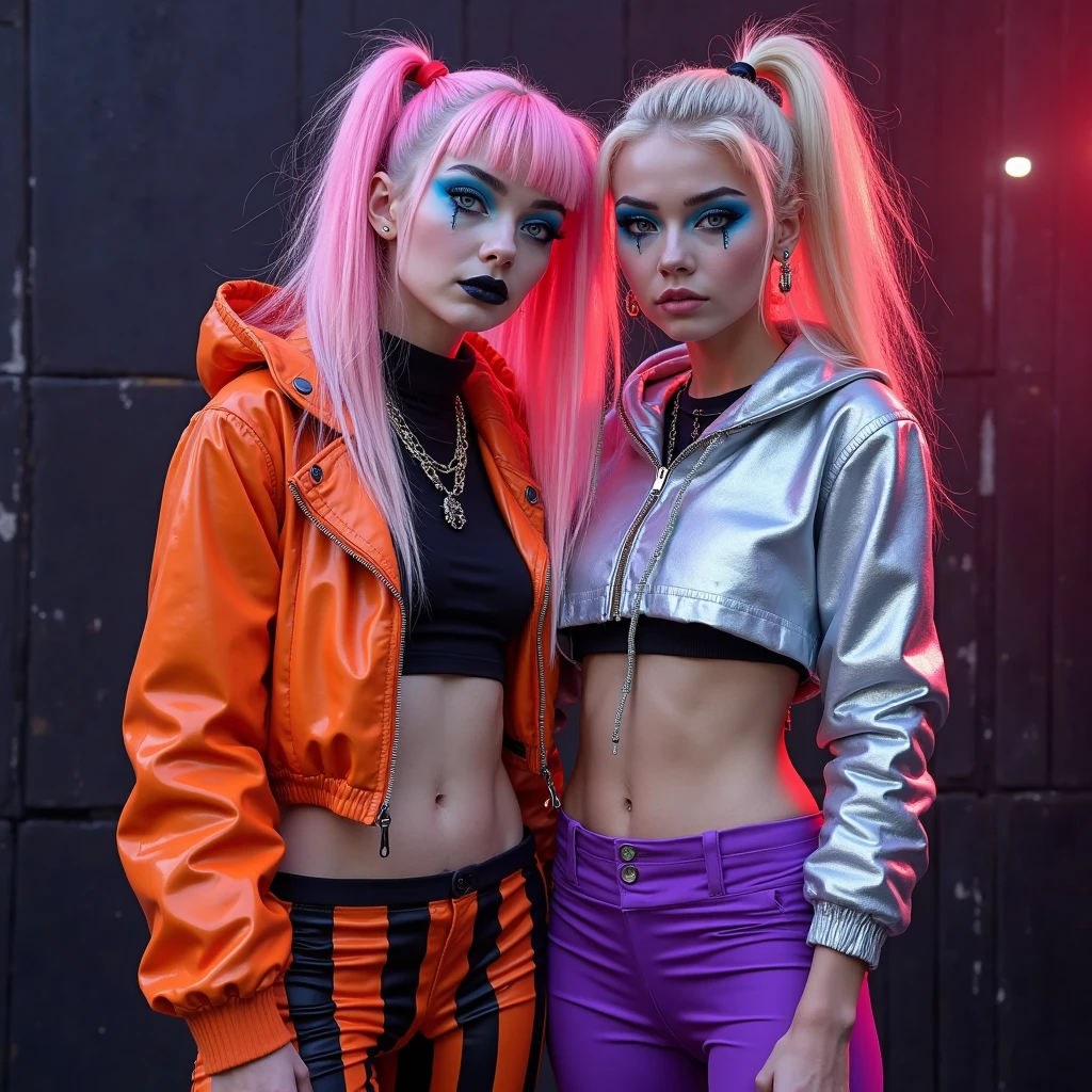 2 beautiful lady's, 1st harley quinn, with black and red outfit, pink and blue hair, 2nd Elsa, with def Leppard t-shirt blond hair,