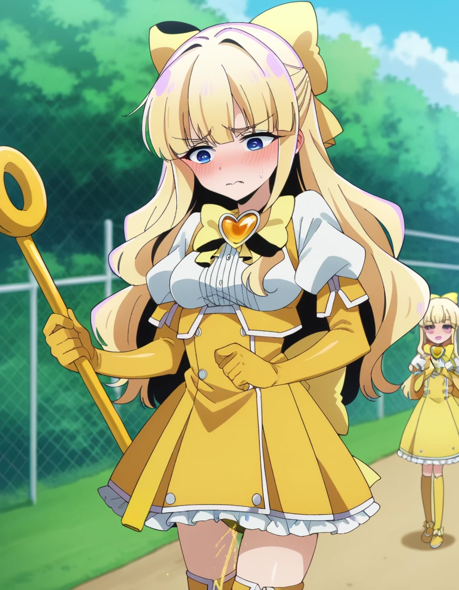 score_9, score_8_superior, score_7_superior, sauce_anime,
kaorukotenkawa, kaoruko tenkawa, Long Hair, blue eyes, Blonde Hair, bow, hair bow, yellow bow,
gloves, dress, heart, elbow gloves, Magical girl, yellow gloves,
Outdoor, Cityscape, smile,
View Viewer, Dutch Angle, Cowboy Shot
