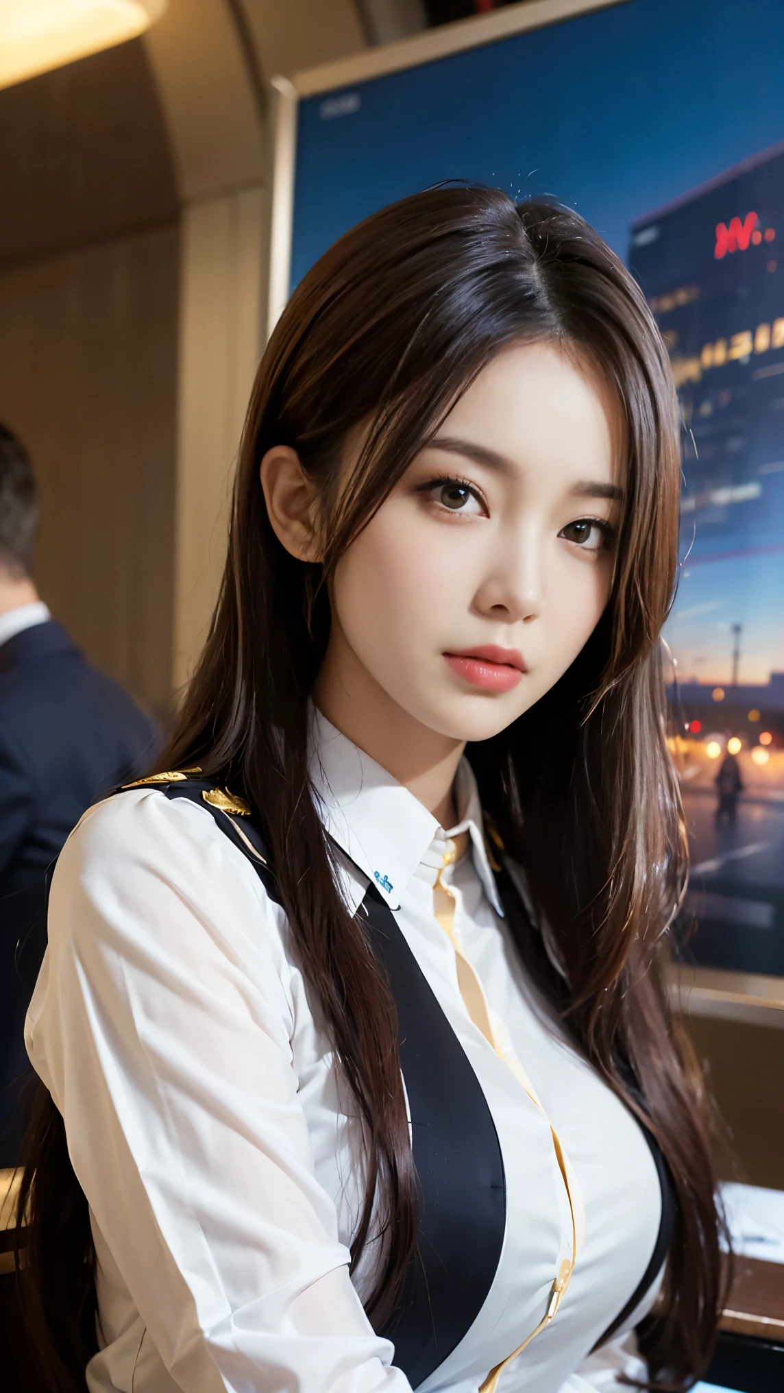 (1 Korean star with royal sister style), ((Best quality, 8K, 巨作: 1.3)), focal point: 1.2, Perfect body beauty: 1.4, (Smile), (Sunset: 1.3), Watery eyes, highly detailed face and skin textures, Fine eyes, Double eyelids, Whitens the skin, (Long hair, Air bangs: 1.3), (Round face: 1.5), (White military uniform: 1.4), (Sunset,at park: 1.6),(Black stockings: 1.4),(film grain style:1.3),a sense of atmosphere