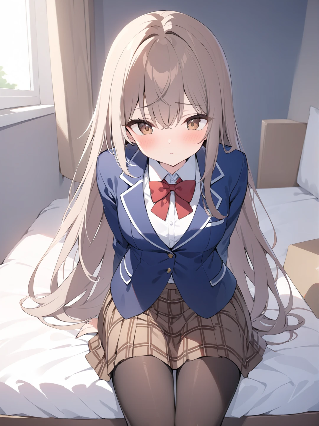 masterpiece:1.5, high quality, anzu futaba, , 1girl, black , black blazer, black mini skirt, brown cardigan, {{tareme:1.4}}, blush, wide-eyed, smile, open mouth, missionary, (((lying, on back))), on bed, ((spread legs)), (from below), upper body, white lace panties, (pussy juice), sweat, flat chest, slim, small hip, (((slim legs))), skinny, slender, camel toe, looking at viewer, panty focus, hands on crotch