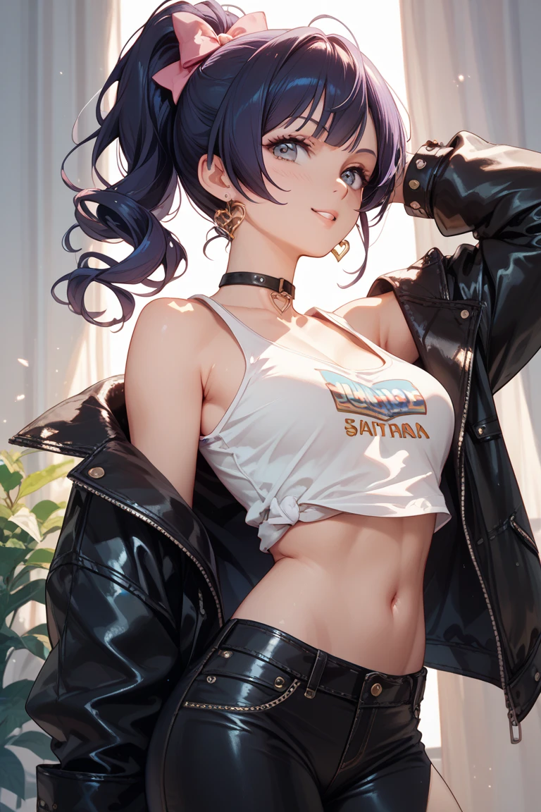 female, solo, close up, huge black rabbit ears, dark skin, long black hair, braid, curvaceous, tired smile, black eyes, cleavage, large breasts, black rabbit tail, crop top, worn jeans, choker, navel piercing, indoors, spent the night drinking, messy apartment, alcohol, full ashtray, sitting at table, resting on table, abs