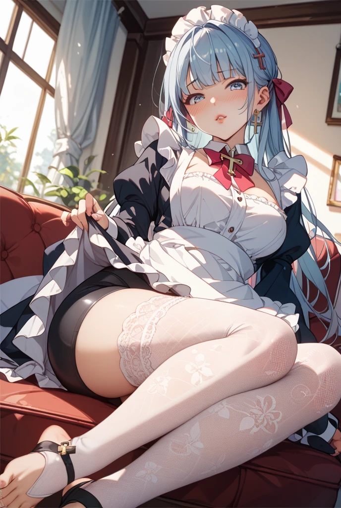 White color hair,the maid outfit,black lence stockings,huge tit,Bare chest,Lie down in bed。,high-heels,The whole body is tied。Pee。
