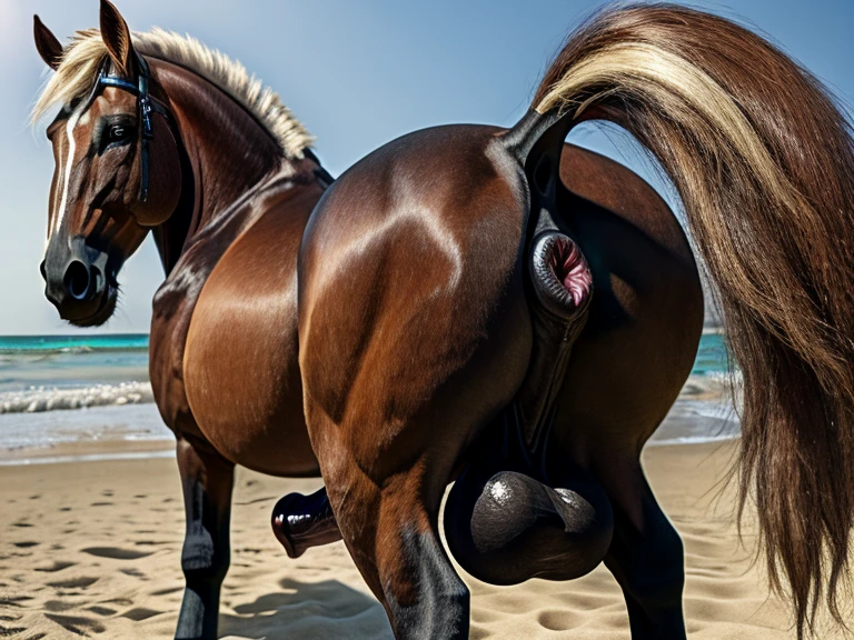 huge male rugged muscular horse, equine penis,tight anus, plump ass cheeks, feces on anus
