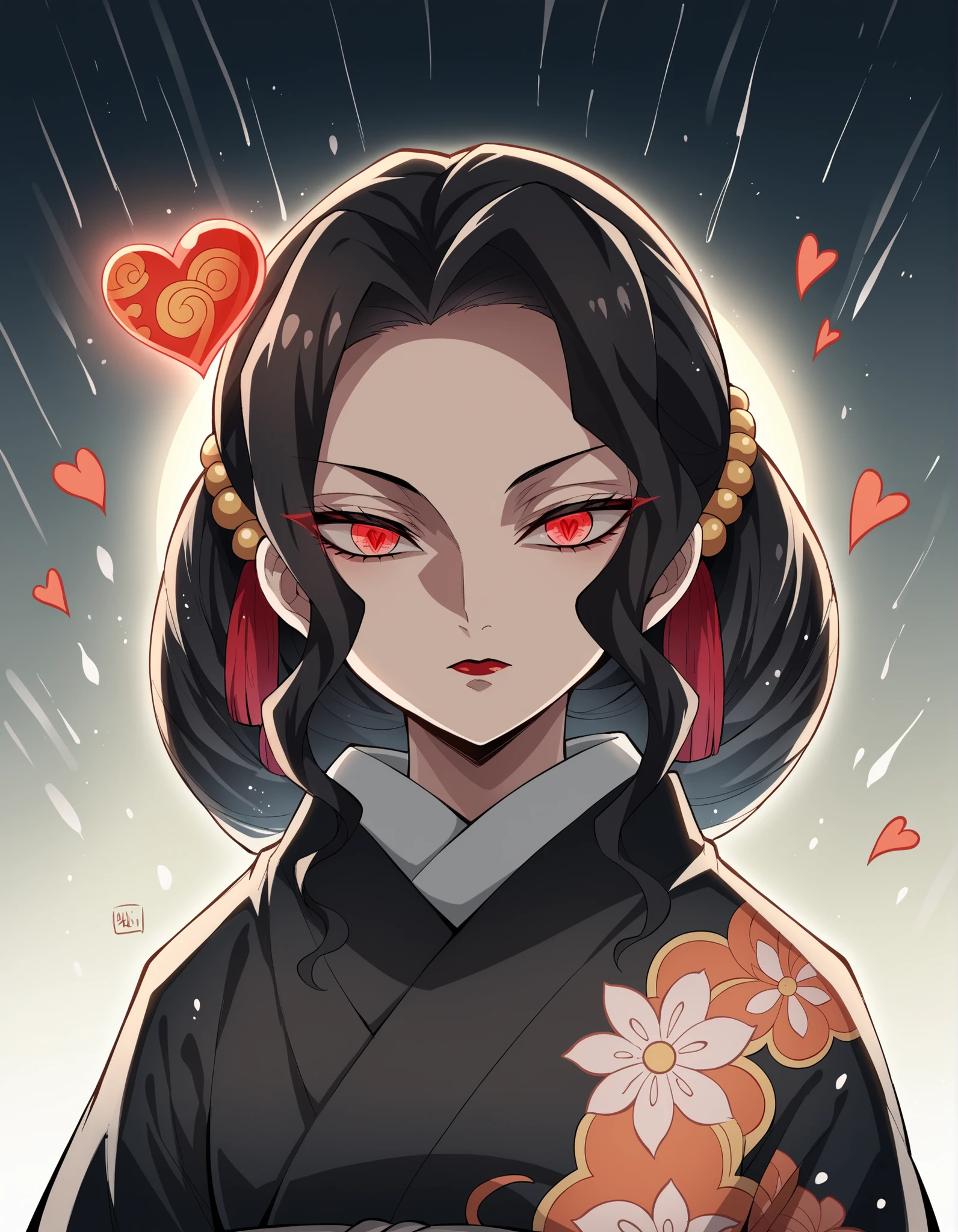 score_9, score_8_up, score_7_up, source_anime,
 Muzan Kimaitsuji, 
 Muzan Kimaitsuji, black hair, hair accessory, Red Eyes,  red lips,
 kimono, wide sleeve, object, band, heart, Floral, black object,
solo, best quality, super fine, 16k, incredibly absurdres, extremely detailed, delicate and dynamic, a mysterious gigantic artistic structure made of chrome-plated framework and glass, after the rain, sunlight shines through the gaps in the clouds, the glass reflects the rainbow colors and the analyzer is displayed, a lot of iridescent petals fluttering down, the grass is covered with mist, creating a fantastic image effect
,dark night with mold,Glowing red eyes,point at viewer