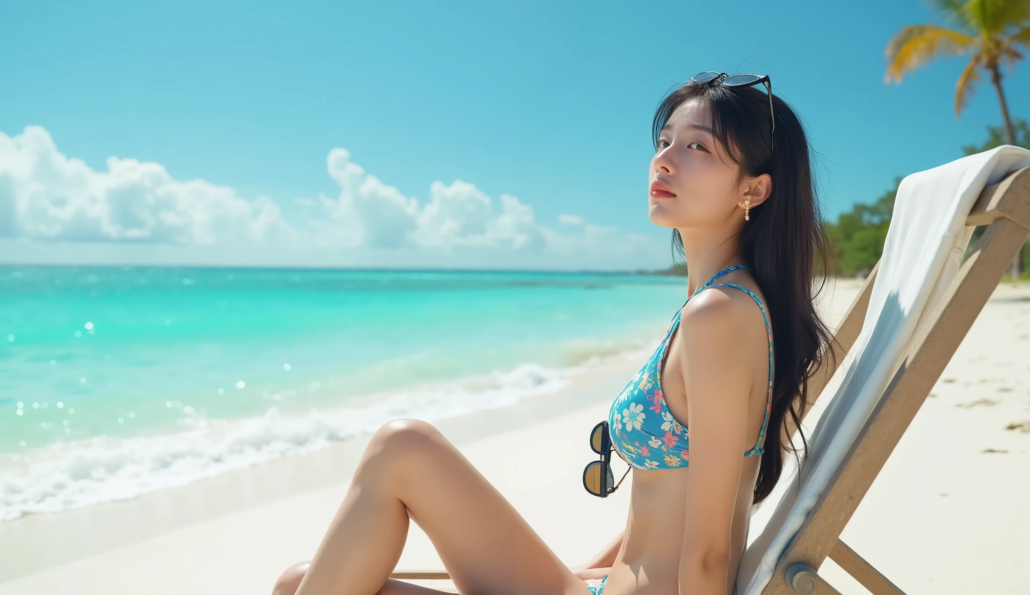 Female model lying on beach chair，full-body portraits（1：1），light blue long hair（（（blue hairs））），seduct smile，（（（（with her mouth open））），The corners of the mouth are raised，exposed teeth，Spread your legs to the left and right，sexual expressio，Large erect breasts ，Transparent pink three-point mini bikini swimsuit，Panties to the crotch， looking at the camera in，beach scenery，the underwear  transparent，bodyhair，， Hairy underarms， long legeig chest and thin waist， Large erect breasts，Gluteus， Well-defined toe bones，Ultra-fine makeup， Seductive woman，beautiful attractive woman， 1 girl， Perfect beauty： 1.4， Slim abs： 1.1，（（mesh bra， Mesh pink underwear））， Super slim face， narrowed eyes， 二重まぶた，  facing at the camera， high high quality， tmasterpiece， 超高分辨率， （photo-realism： 1.4）， RAW photogr， 1 girl，