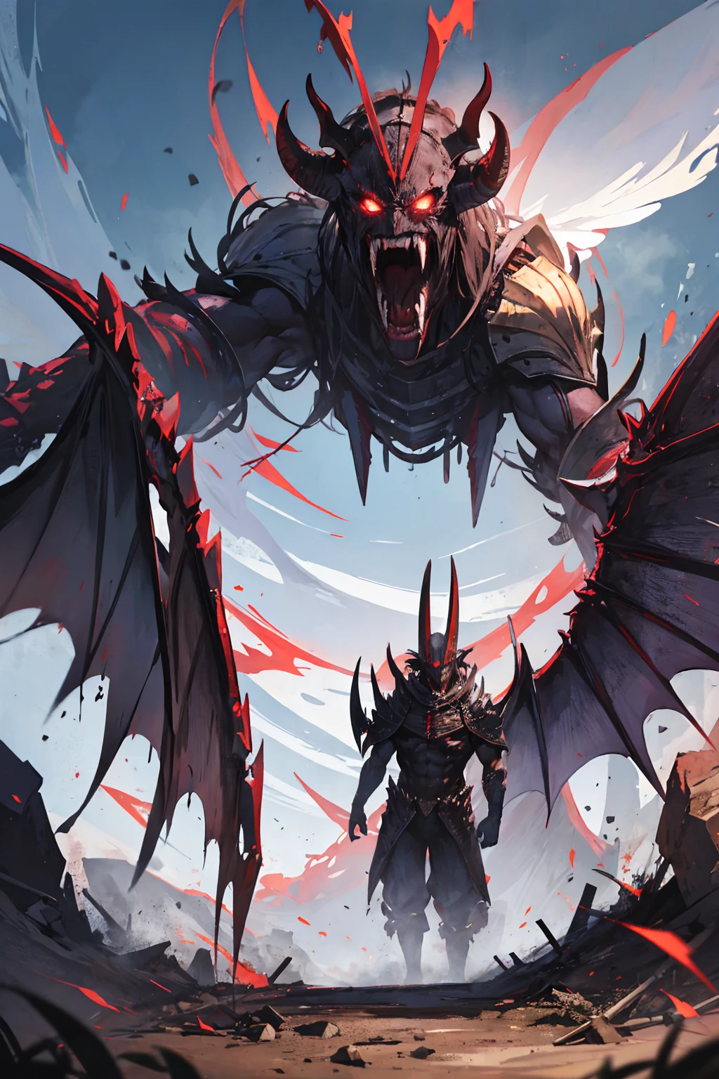 Demon man with angry face, bat wings, skulls and full body in fighting position
