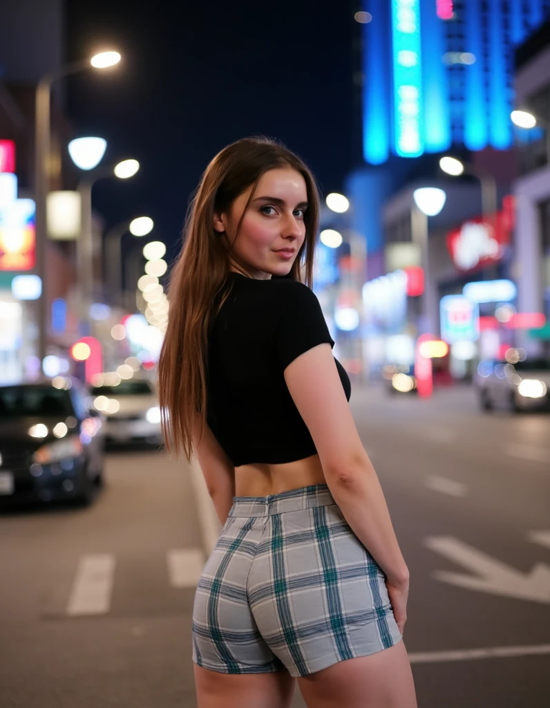 Realistic photo, in 8k,A bustling street with skyscrapers and illuminated signs..She is shopping.. 18-year-old Brazilian young woman, She is 5 feet 7 inches tall, She has a slender face, she has freckles, She has bob haircut, she has tanned skin, she has a 90E bra size, She has a slim waist, she has big buttocks, She is wearing a black skirt, a yellow t-shirt, and black sneakers. Detailed legs, barefoot, stockings, with shoes. We see her from the front. stricking pose