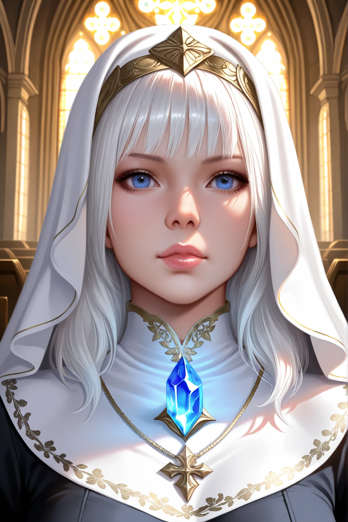 Realistic Style, High Quality, beautiful woman from video game Devil May Cry, Long white hair with bangs framing her face, porcelain skin, slender built, bright enchanting blue eyes, sweet lips, wearing nun outfit, a necklace with a blue crystal, atomsphere is mystical and enchanting, church structure in background.