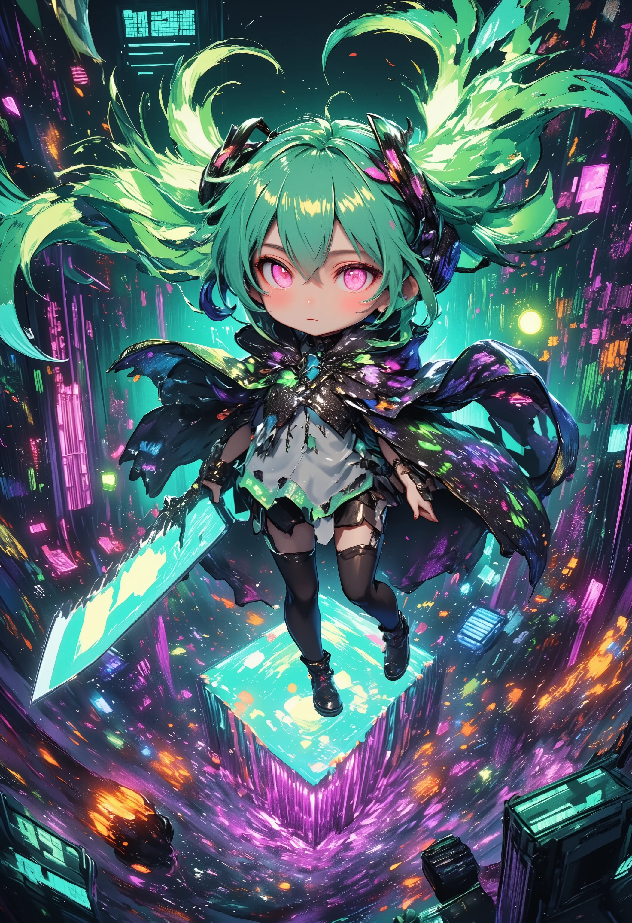 "8-bit pixel art style, Hatsune Miku as digital realm overlord, glowing green twin tails with data-stream pixel gradient, CRT screen red eyes, wielding giant pixelated sawtooth blade, wearing mosaic block cloak, floating above binary code abyss, retro game UI elements background, surrounded by 8-bit flame effects and data ghosts, classic boss health bar overhead, chibi proportions maintained, glitch art effects with neon halation, lo-fi noise texture, vintage game cartridge aesthetic"