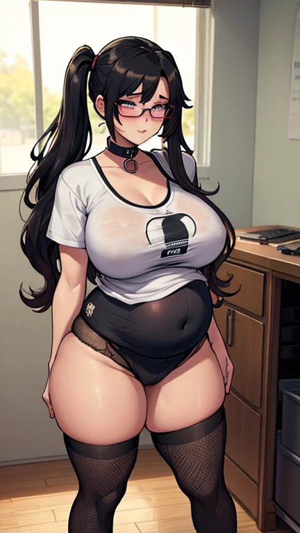 Sexy food delivery girl outside of your apartment door with a food bag in her hand and wearing her uniform: tight white slacks that frame her wide plump camel toe, form-fitting sky blue shirt that covers her body but shows her nipples poking the fabric, orange visor. Young short sexy sporty, huge massive hanging breasts, full thick pouty lips, short sexy wavy black hair, big eyes with long eyelashes, big gorgeous smile, super wide birthing hips, thick toned thighs, no bra, no panties. Cinematic lighting.