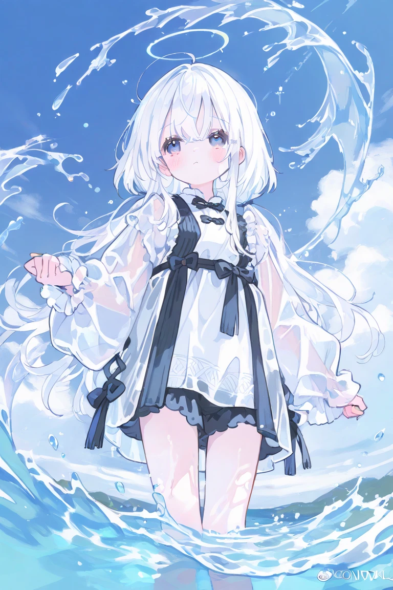 Highest quality,smile,woman,cute,Bob Hair,White Hair,Light blue eyes,White off-the-shoulder tops,Checkered mini skirt,Light blue background,Touching your face with your hands,