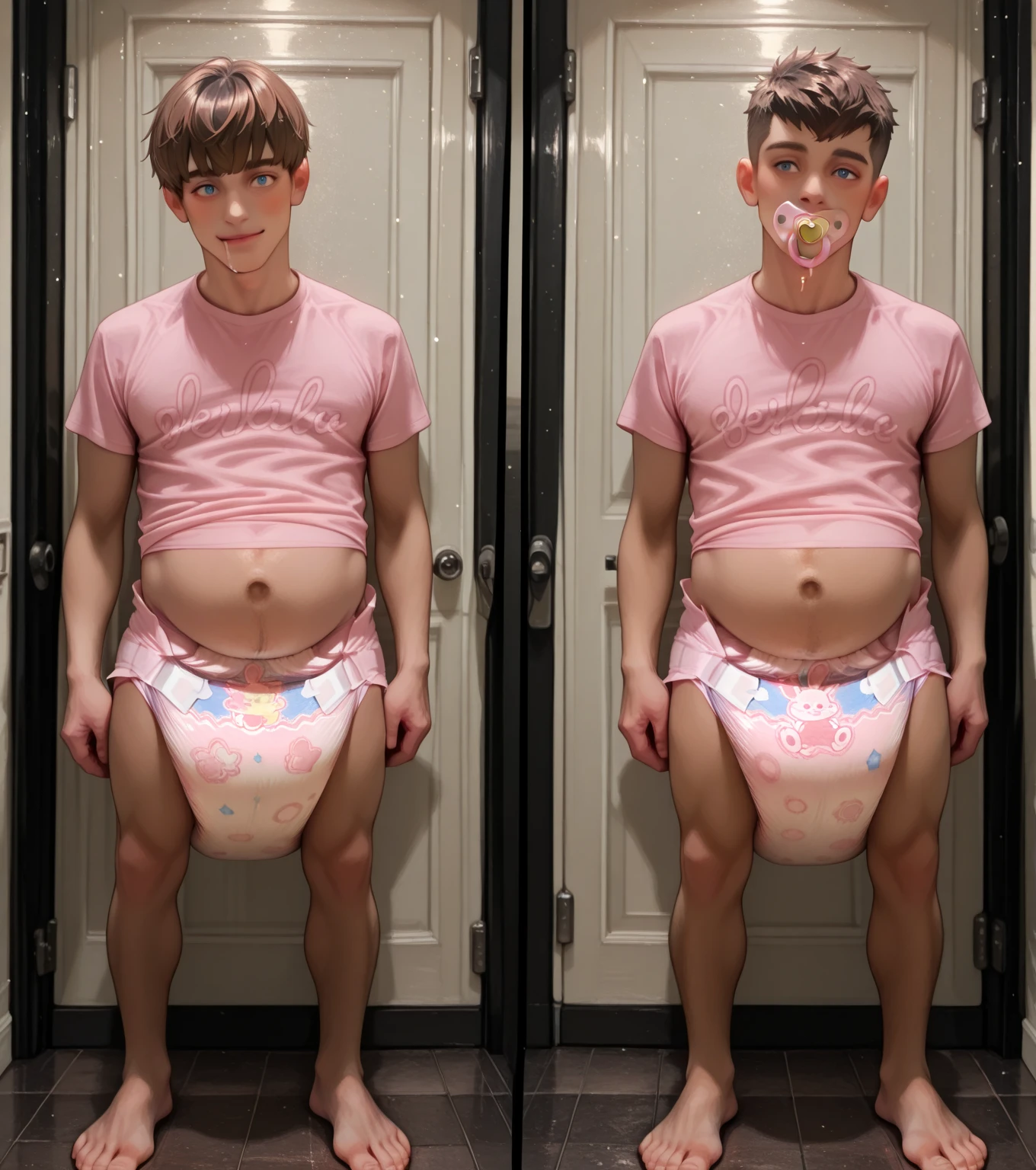Diaper, pampers pattern, Realistic photo of Timothée chalamet, young man, male, very skinny, bare legs, standing, view from behind, wearing a diaper