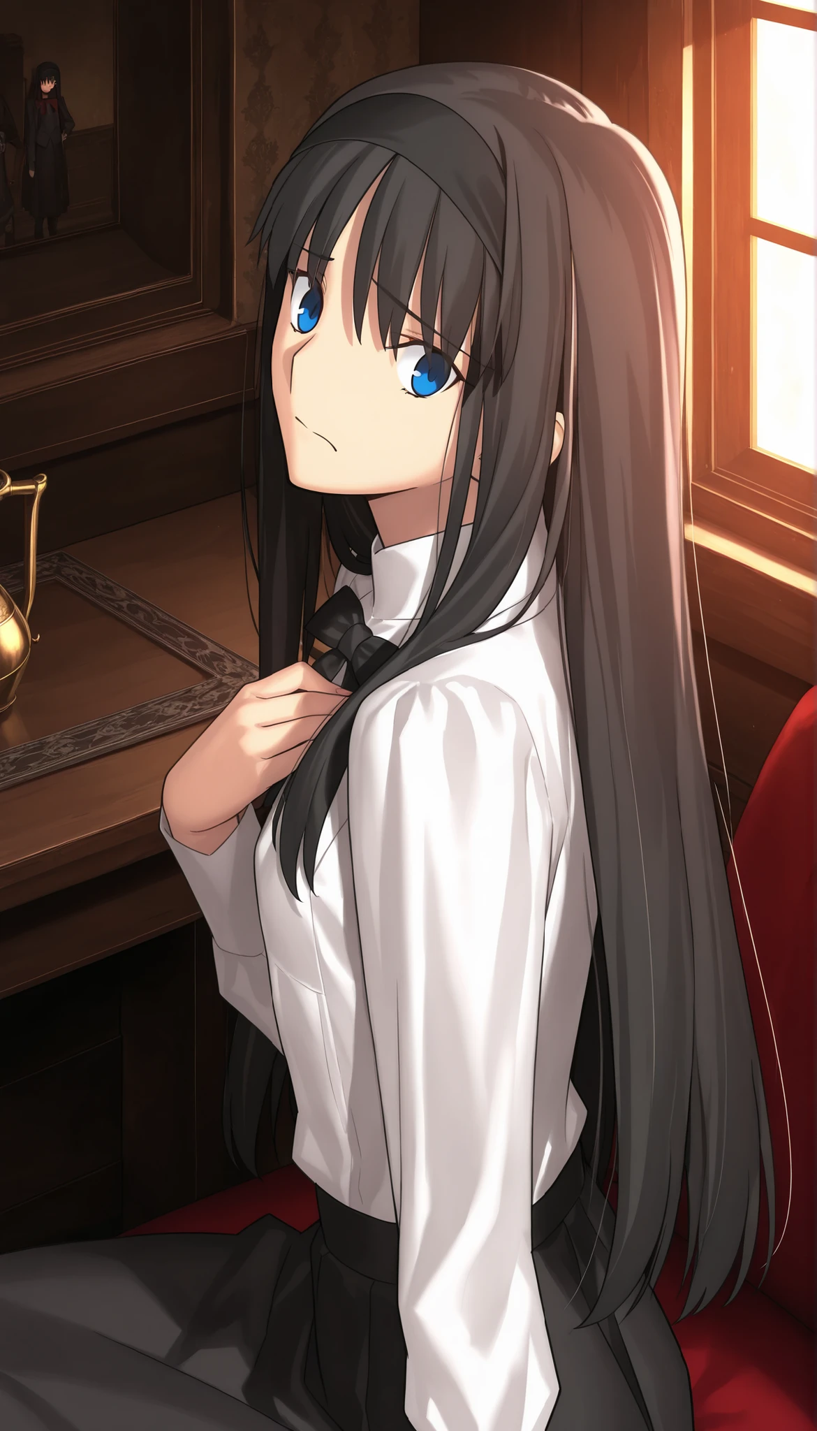 masterpiece, , absurdres, highres, detailed background, high resolution, masterpiece, necessary, detail, best quality, quality, necessary, details, High details, Precise, indoors, medieval interior, gothic, from side, from above, close up,
1girl, , Takeuchi Takashi (type-moon,tsukihime) style, takeuchi takashi style, (aged up:1.5), sitting, (head tilt), hand on chest, worried,
tall girl, mature, Akiha_Tohno, (tsukihime), black hair, bangs, long hair, blue eyes, wide eyed, ,black headband, straight hair, tsurime, ,,
(white shirt, black long skirt), black ribbon, (small breasts, flat chest), , looking at viewer, ,