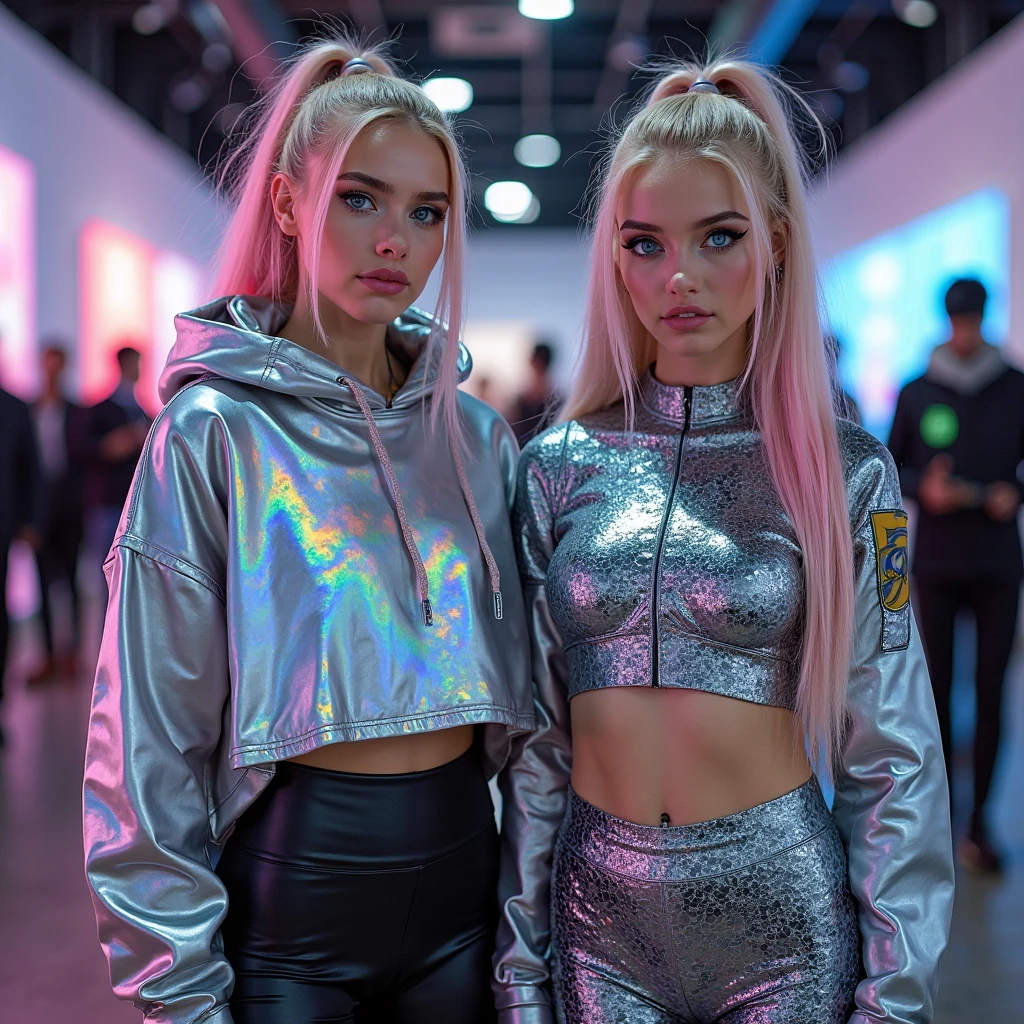 Top Quality, Masterpiece, High Resolution, 8k, wide objective, full body shot, (((skinny cute girl, barely legal, age 14), (oversized silky see-through puffer jacket with plunging Neckline, off-shoulder, short sleeves), mediumperky breasts, extremely detailed face, detailed eyes, thin eyebrow, detailed lips, no makeup, long slick ponytail side shaved hair, small hips, (in a spaceship, on a bed), dim light, dramatic and neon colors, futuristic setting, intricate details, at night, random pose, random neon colors))