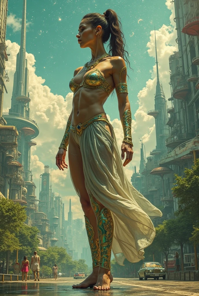  Olivia Wilde as a modern godess, with a transparent toga, showing us tits,  in a futuristic city, ultra- realistic, illustration hi quality, anime style, full HD