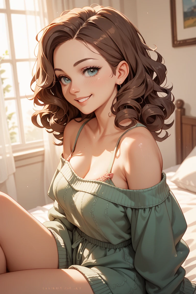 Score_9_up, score_8_up, score_7_up, close up, 1girl, lady doc ock, brown hair, long curly hair, yellow eyes, seductive smile, aroused, in bedroom, looking on viewer, green nightgown, bare legs, lies on bed, lies on bed, from above,