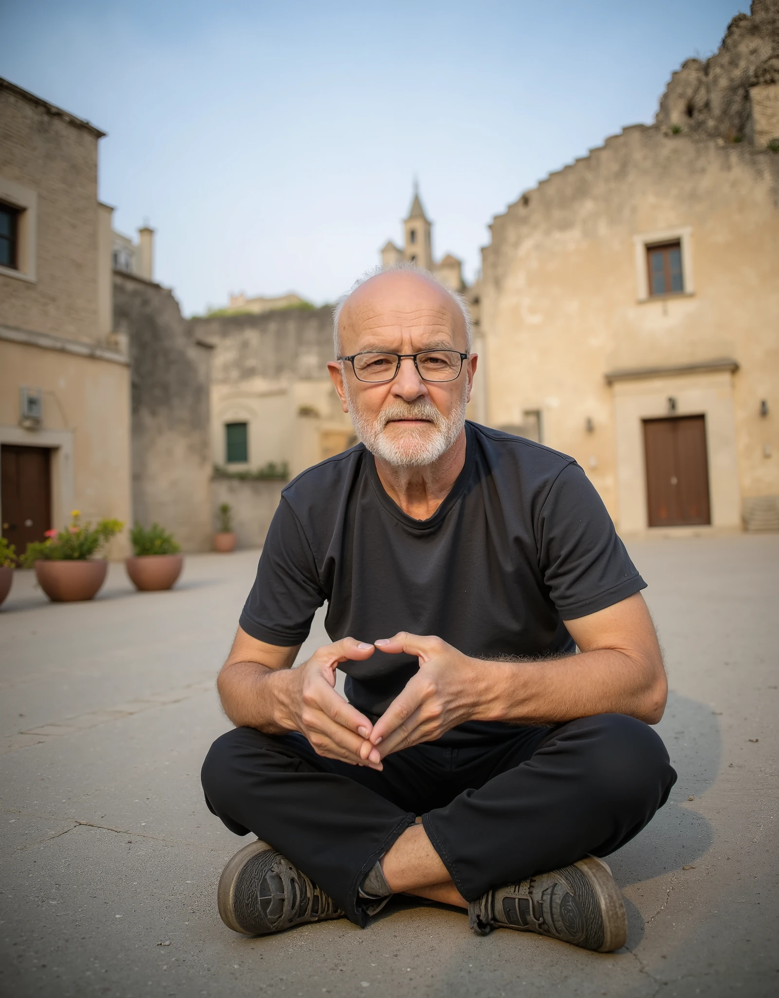 In a stunning hyperrealistic scene , an elder man with bright brown eyes sitting cross-legged , facing the camera with a soft , innocent expression . Your plump cheeks , glowing with warmth , are close to the lens , capturing every fine detail of his soft , delicate skin. The man is wearing a black t-shirt , black /(old and torn)/ pants and grey sneakers with perfectly coordinated colors that frame his head with affection. The bald and goat-bearded man wears glasses. He raises his little hands playfully , creating a heart shape in front of him with adorable precision, the old man creates the shape of the heart by placing his thumbs down to form the tip of the heart, radiating joy and purity . Behind him, a group of small babies and people play , their eyes wide and full of curiosity as they observe the elder man , thier eyes attentive in fascination . People sit harmoniously in the background, the scene takes place outdoors in sassi_di_matera, tuff walls a . The man exudes warmth and warmth . in the city of Matera, tuff walls in a charming Mediterranean courtyard /(on a tuff wall in a ally in Matera, sassi_di_matera, cathedral in background, blue sky, prickly pears in large rectangular clay pots decorated with bas-relief)/. The scene is bathed in warm golden sunlight, creating soft shadows. The environment is full of lush greenery and rustic European architecture. Real photographic style with rich textures, expressive real emotion, and soft yet detailed lighting. The composition is warm and inviting, evoking a timeless artistic masterpiece, perfect hands, feet, toes and fingers.
