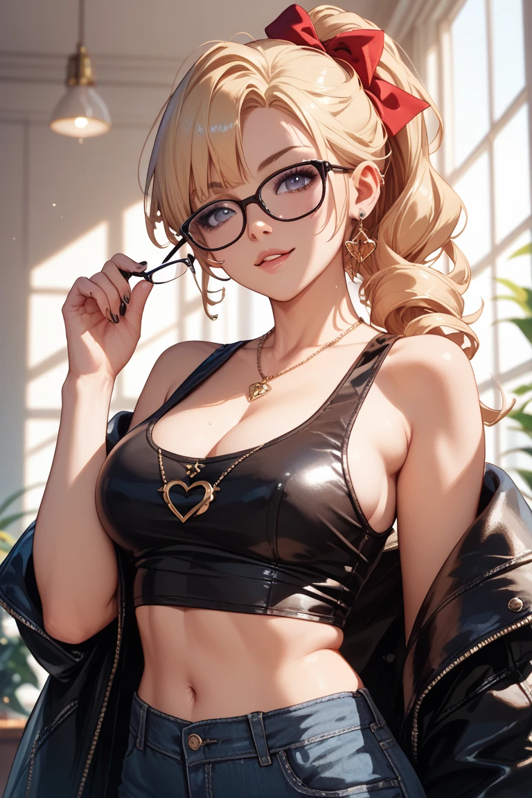 tmasterpiece，（tmasterpiece，top-quality，best qualityer），1girll， jewely，耳Nipple Ring，choker necklace，bangle， hoop earings， circle glasses，sun glasses， Long brown hair with blonde highlights, ， ssmile， looking at viewert， motorvehicle，The Car， Sports cars，groundvehicle， Sat down， exteriors， daysies， nedium breasts，Open navel， dark skinned female， floral patterns， grinning smile，collars，Laser cloth，Sexy bikini，laser，holy rays，gold foil，Gold leaf art，glitter drawing，Correct anatomy，Detailed face, Detailed eyes，Chest exposed，(miami, night life)