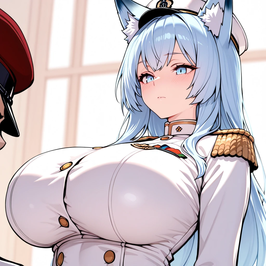 score_9, score_8_up, score_7_up, score_6_up, score_5_up, score_4_up, (solo), female anthro hyena, Japanese uniform, black thighhighs, lusty, fluffy body, long blond hair, turquoise eyes, (thick thighs:1.5)((( offering the breasts))) sex partial clothes, (((cleavage))) semi-butonned uniform niform, (barely_visible_booba) (she is sitting) , giant breasts, garter belt tights