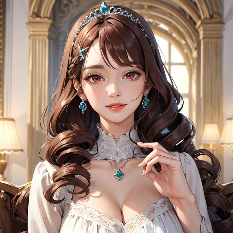 ((best quality)), ((ultra high definition)), ((masterpiece)), ((Romance Fantasy)), ((illustration)), (detailed), (clear), (Perfect), 1 woman, mature, beautiful, pure, calm, long pink hair with bangs, straight hair, white skin, Sapphire blue eyes, Deep double eyelids, abundant eyelashes, pretty lips, big bust, small waist, A gorgeous purple dress, diamond studded necklace, diamond tiara, ceiling with chandelier, A splendid banquet hall