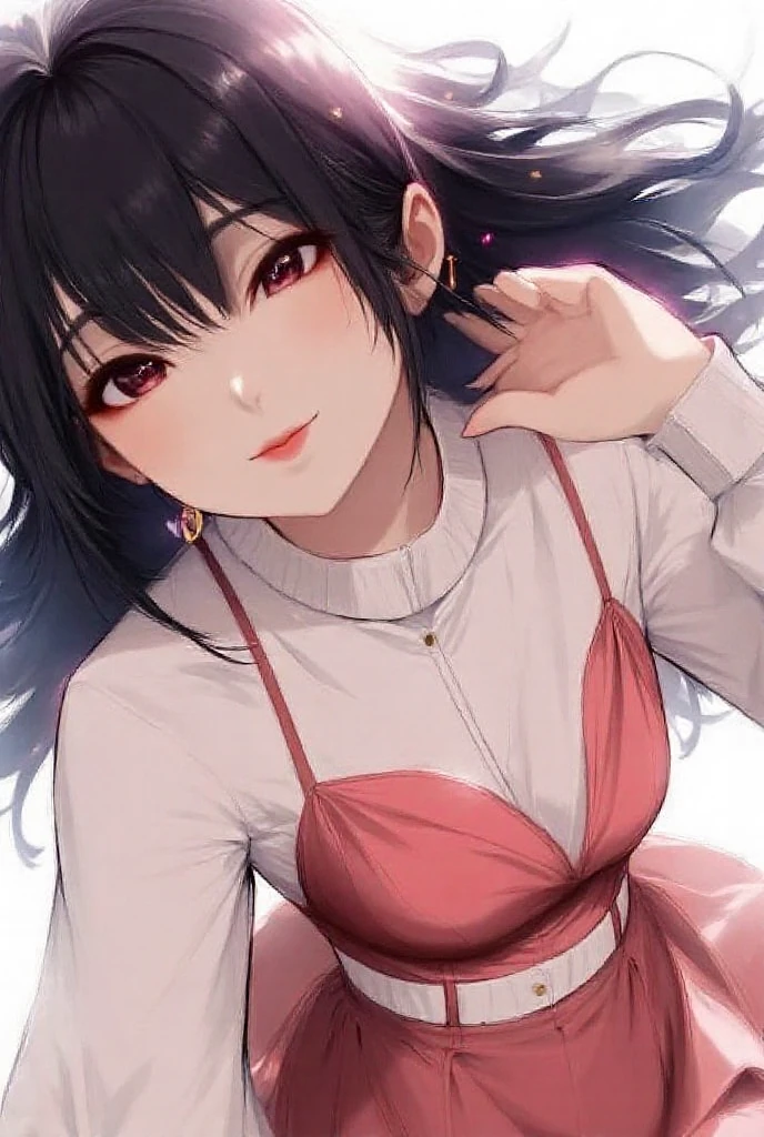 ((best quality)), ((masterpiece)), (detailed), 1girl, off-shoulder sweater, black hair, shoulder-length hair, brown eyes, matte pink lips, black hair, left-shoulder tattoo, body, small chest, frown, teasing, tease, hate, disgust, coerced smile
